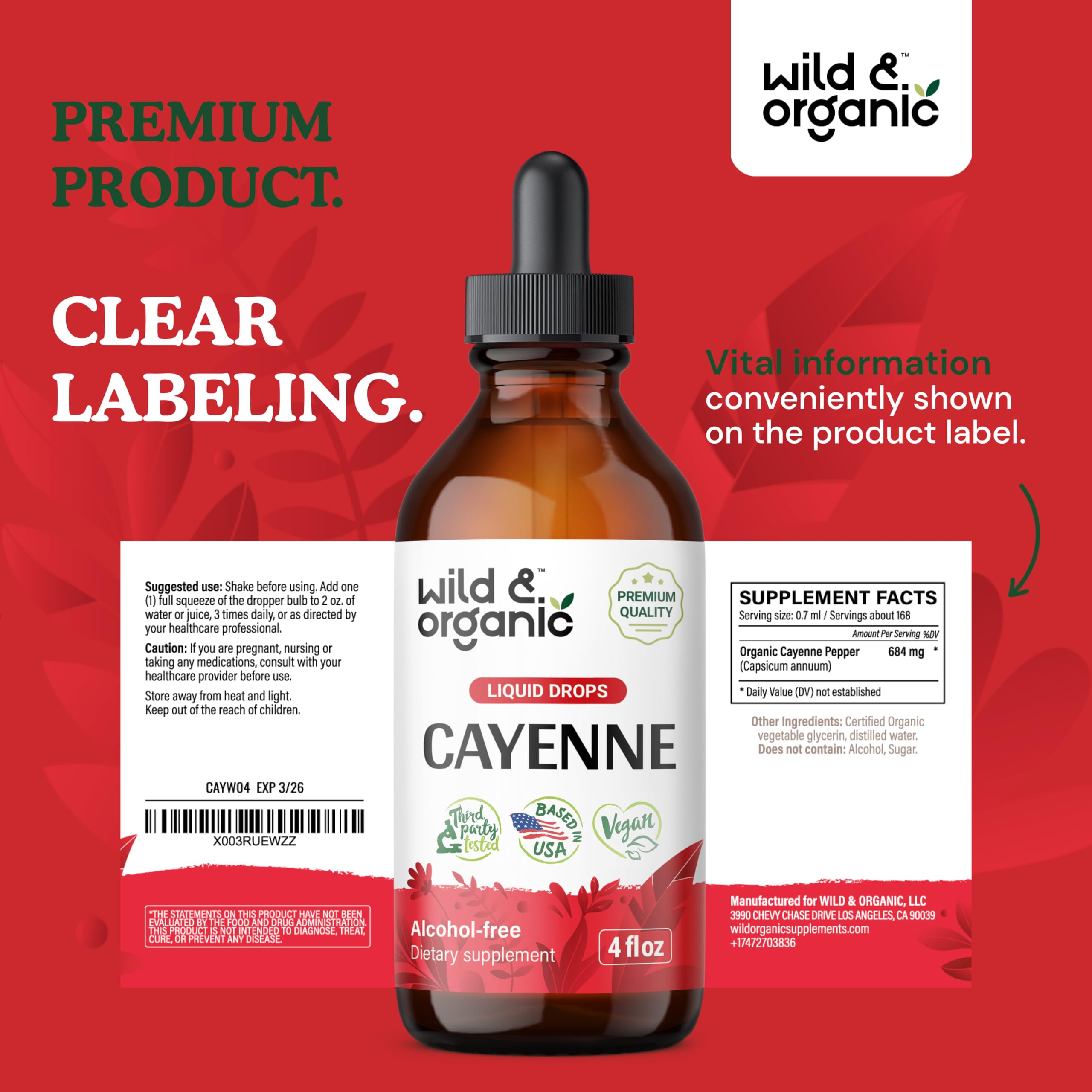Wild & Organic Cayenne Pepper Tincture - Digestive Support with Capsaicin Extract - Vegan Liquid Drops for Immune & Circulation Boost - Sugar-Free, Alcohol-Free Supplement (4 fl oz) - Perfect for Cooking, Detox & Wellness Routines