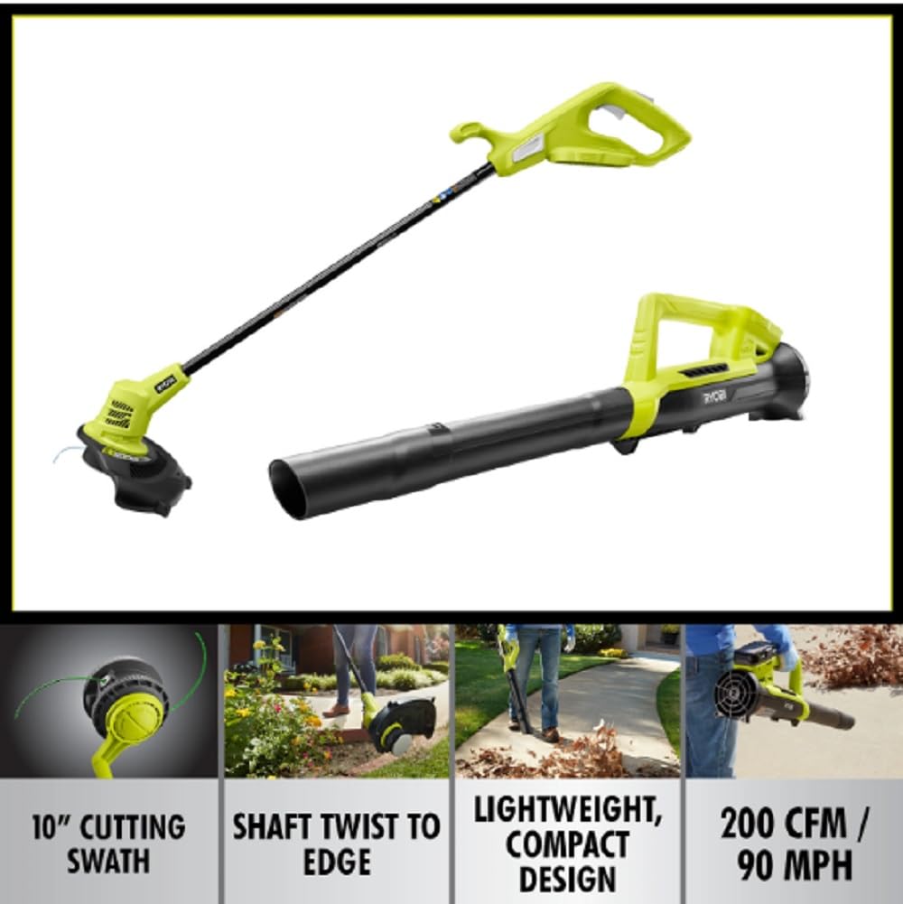 RYOBI 18V ONE+ 10-Inch Cordless Battery String Trimmer and Blower Combo Kit with 2.0Ah Battery & Charger - Perfect for Lawn Care, Yard Maintenance, and Landscaping