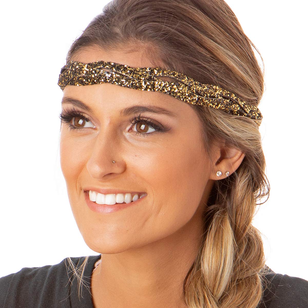 Stylish Plus Size Adjustable No-Slip Sparkly Bling Headbands for Women & Teens - 4 Pack Mixed Glitter Diva Hair Accessories - Perfect for Workouts, Parties & Everyday Fashion