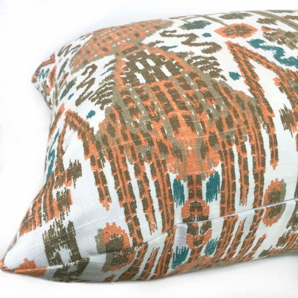 Bombay Orange Teal Brown Cream Ikat Pillow Cover - Handmade Lacefield Designs Fabric - Bohemian Home Decor for Living Room, Bedroom & Sofa