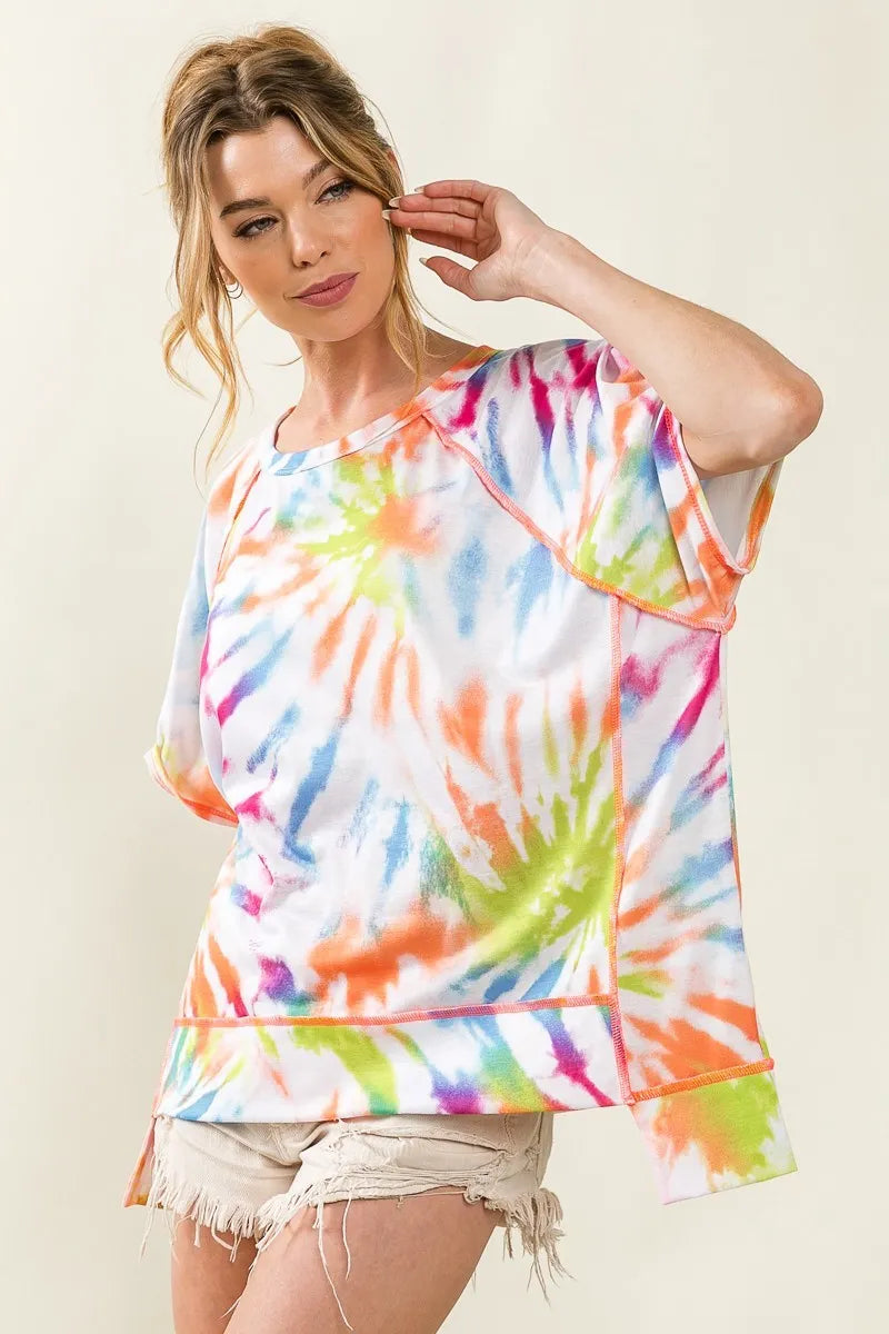 BiBi Tie Dye Print Jersey Stitched Uneven Hem T-Shirt | Trendy Women's Casual Top for Summer | Perfect for Beach, Music Festivals & Street Style