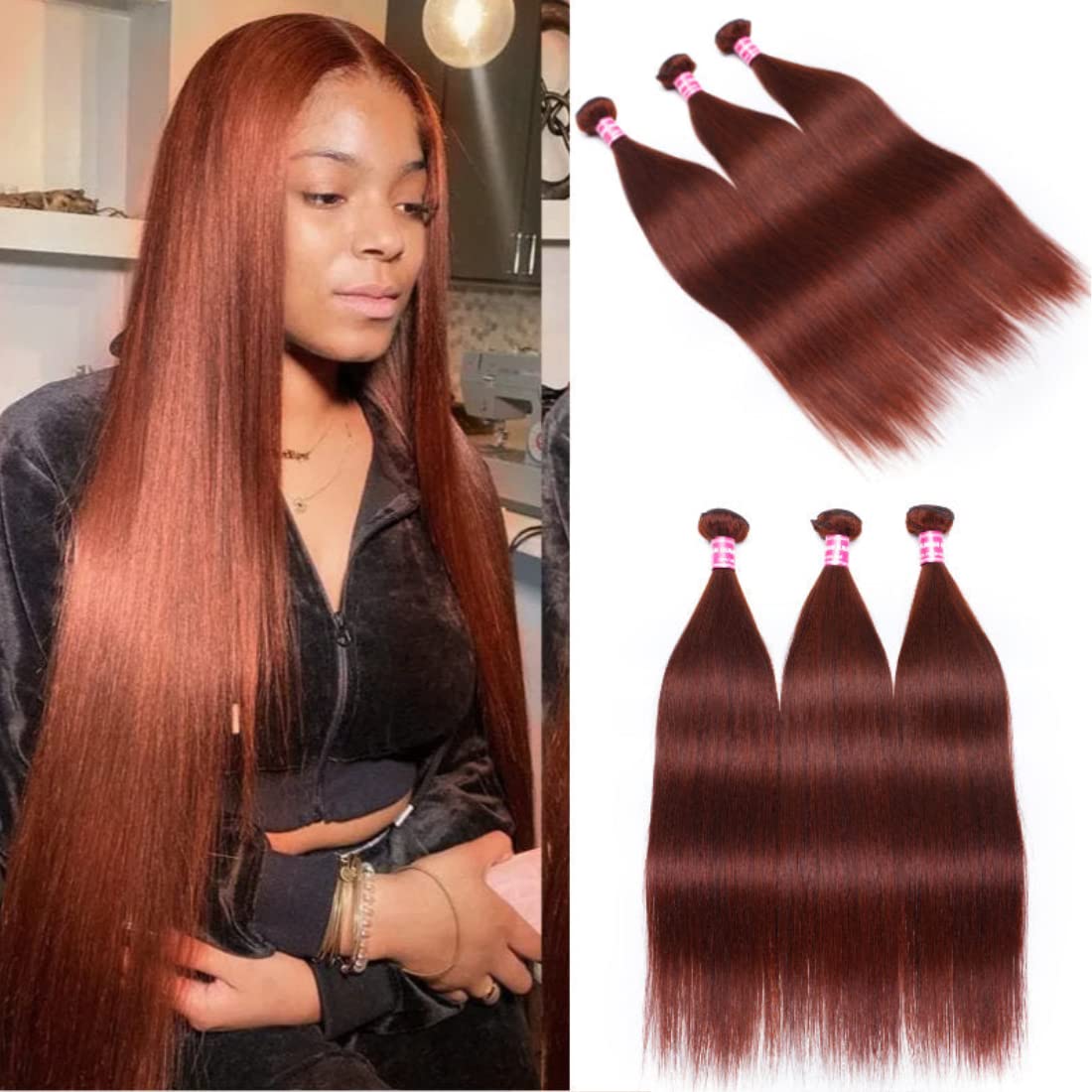 Brazilian Virgin Remy Human Hair Weaves - #33B Reddish Brown Straight Hair Bundles (8/10/12 Inch) 3-Pack for Women Sew-In Extensions | Natural Look for Daily Wear & Special Occasions