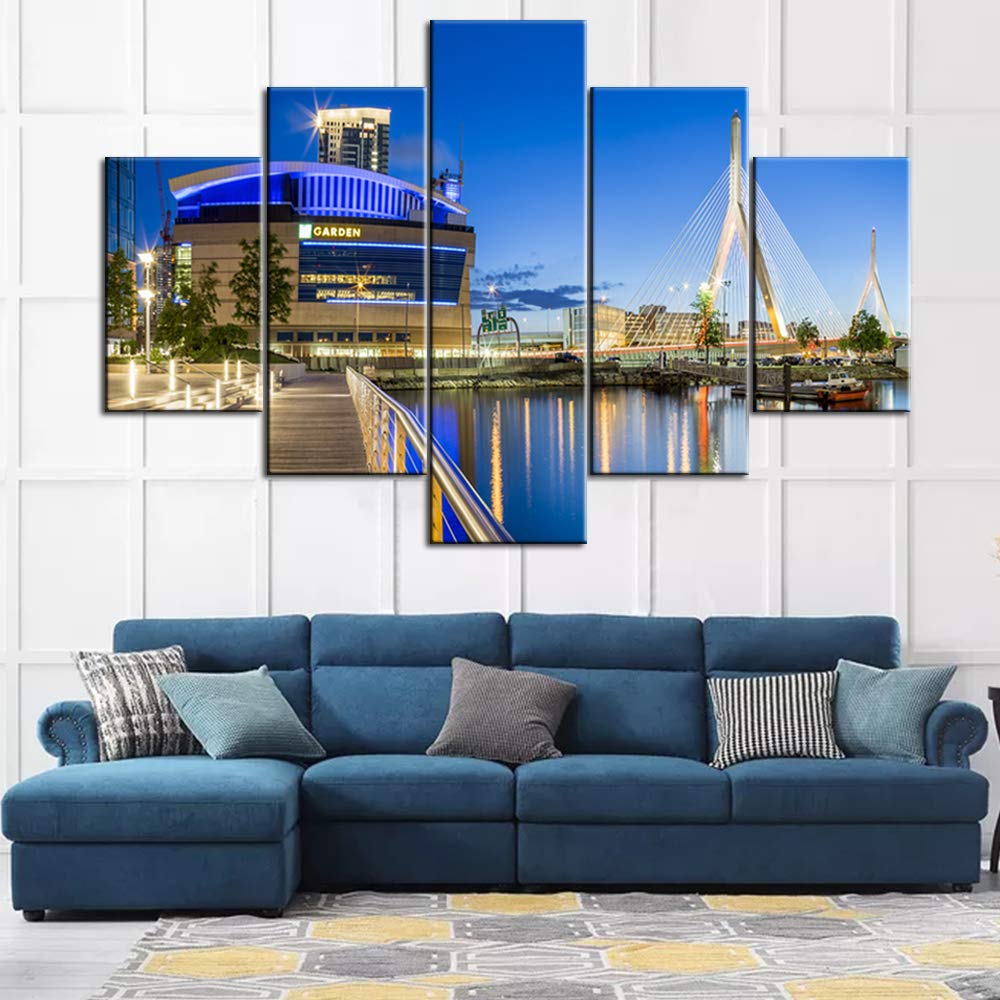 5-Piece Canvas Wall Art Set - Zakim Bridge & TD Garden Stadium Painting, USA Landmark Sunset Landscape, Contemporary Framed Home Decor for Bedroom, Living Room, Office (60x40 Inches, Ready to Hang)