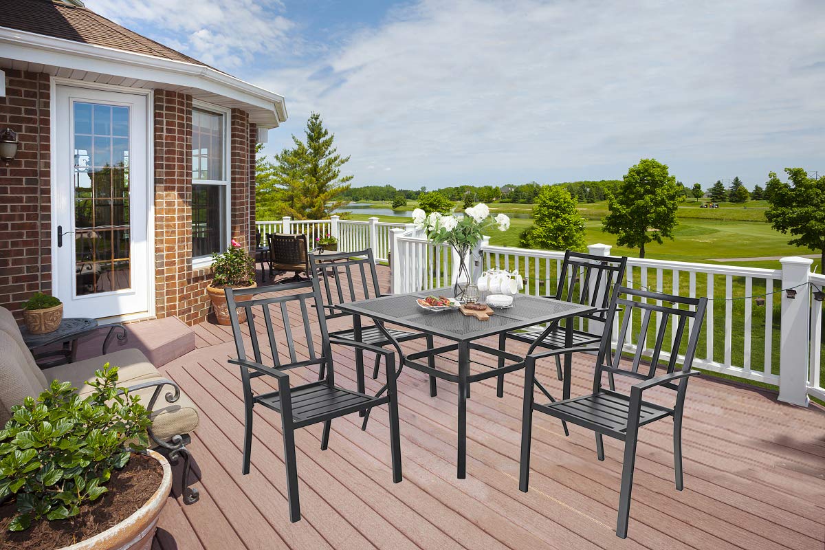 MFSTUDIO 5-Piece Outdoor Patio Dining Set - 4 Stackable Metal Slat Arm Chairs & 1 Square Metal Table - Durable Garden Furniture for Backyard, Lawn, Poolside & BBQ Gatherings