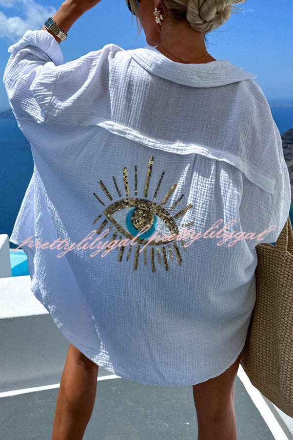 Summer Breeze Linen Blend Sequin Magic Eye Design Oversized Relax Shirt for Women | Boho Chic Beach Cover Up | Casual Loose Fit Blouse for Vacation, Party & Date Night