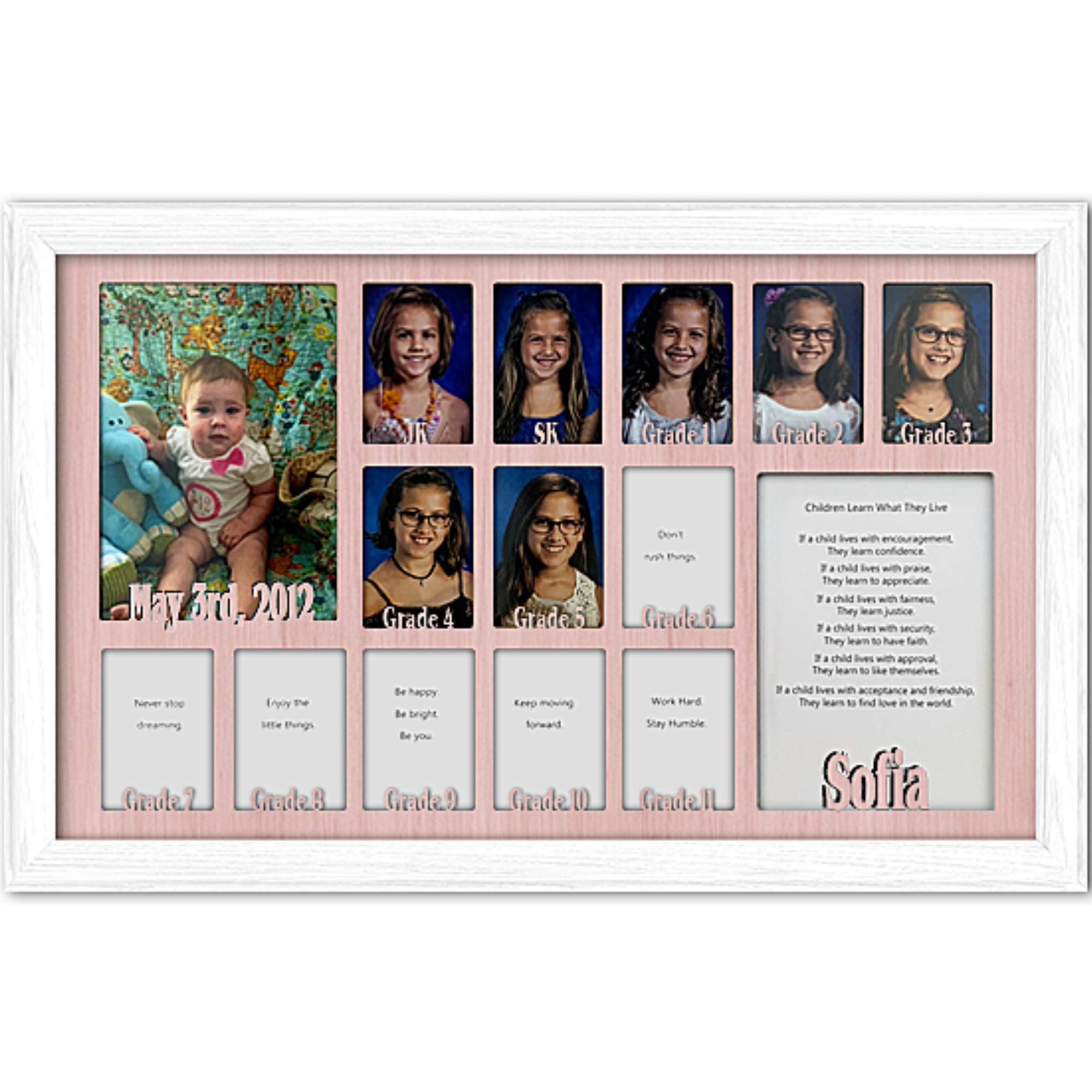 Personalized Northland School Years Photo Frame - Holds Twelve 2.5x3.5 & One 5x7 School Pictures - Custom Name Engraved - White Frame with Pink Mat - Perfect for JK, SK to Graduation Memories (12x20 Inches) - Great Gift for Teachers, Students & Parents
