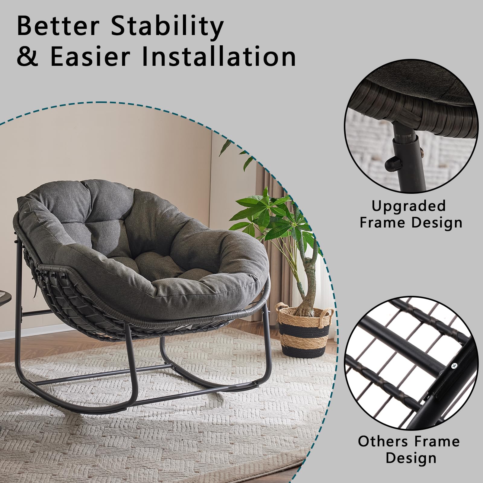 Papasan Rocking Chair with Thick Cushion - Indoor/Outdoor Comfy Patio Chair with Upgraded Steel Frame & Oversized Wicker Design - Perfect for Front Porch, Garden, Bedroom, Living Room (Grey) - Ideal for Relaxing, Reading & Sunbathing