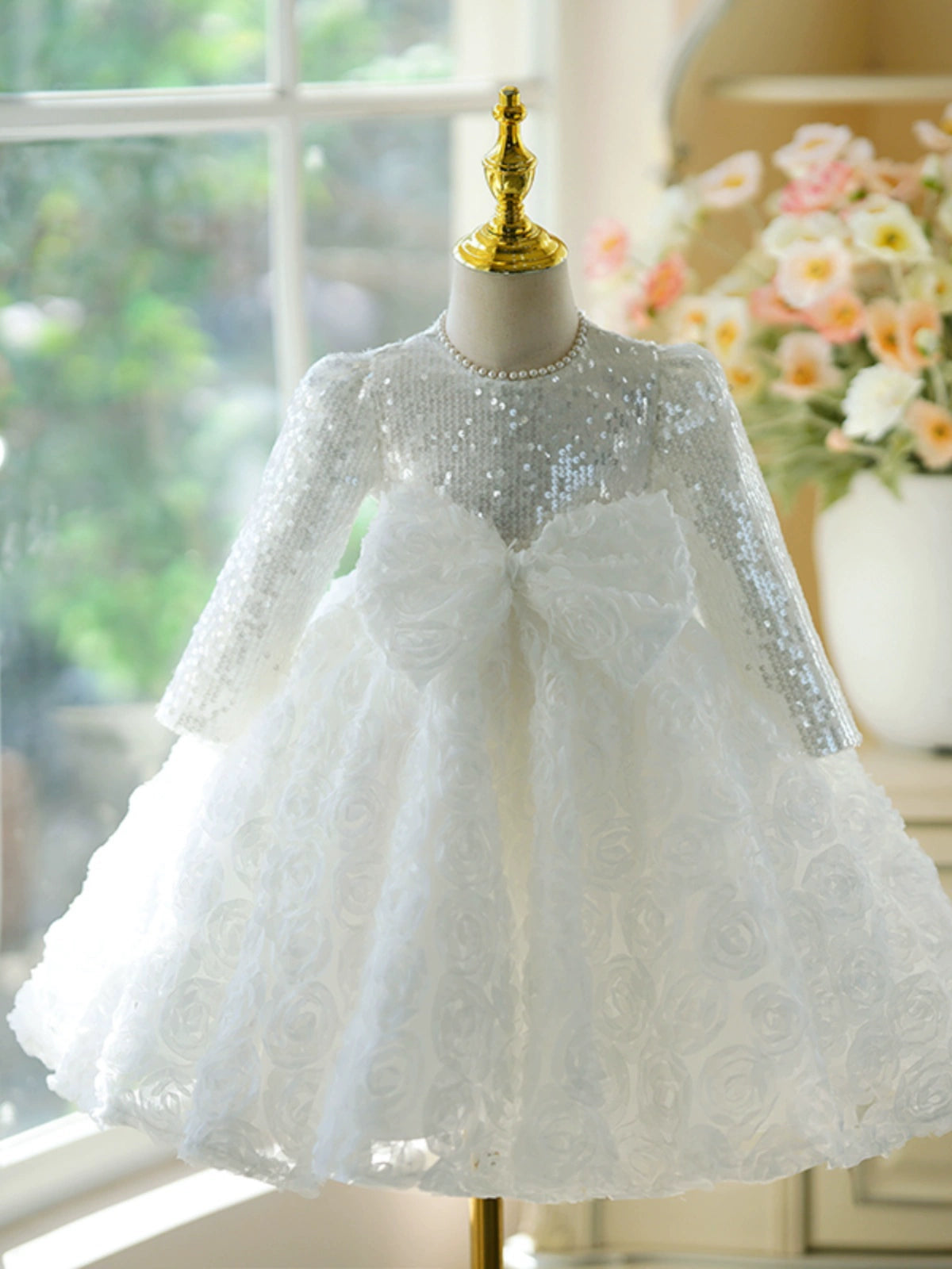 White Princess Jewel Neck Tea Length Polyester Flower Girl Dress for Weddings, Baptisms & Special Occasions