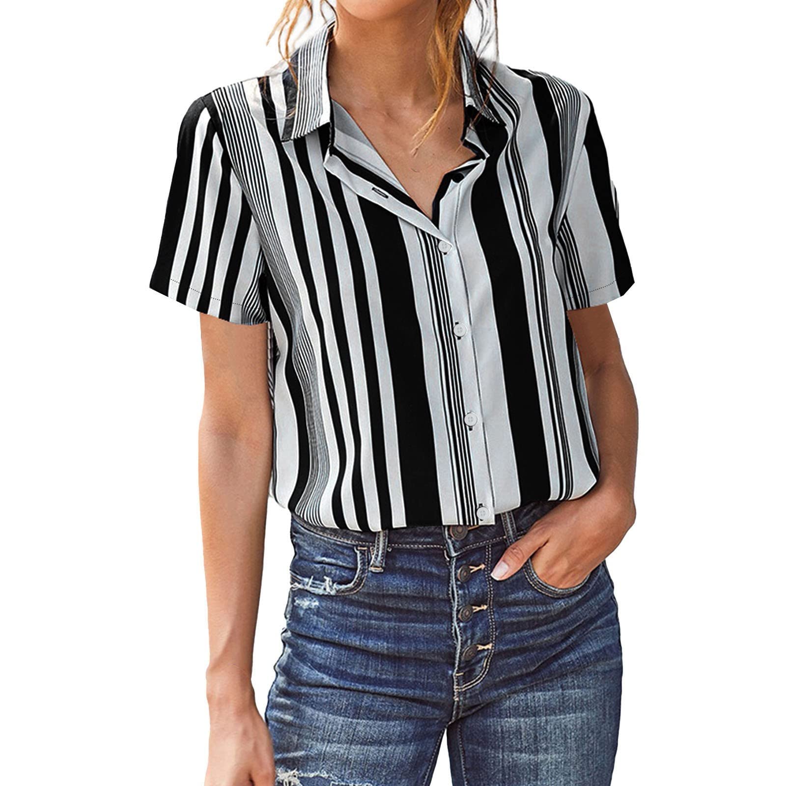 Women's Striped Flannel Button Down Shirt - Short Sleeve V-Neck Tunic Top for Leggings (Black, Large) | Casual Outfit & Layering Essential