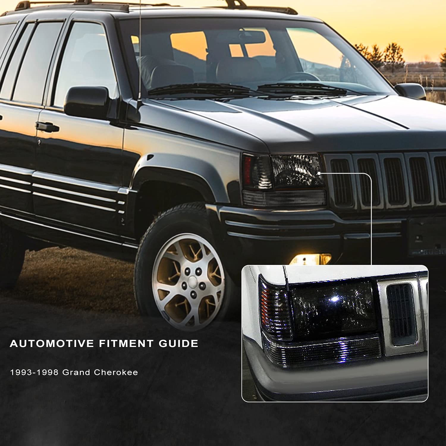 Spec-D Tuning Black Housing Clear Lens Headlights + Bumper Lights + Corner Lamps for 1993-1996 Jeep Grand Cherokee - Left & Right Pair Headlight Assembly - Off-Road & Night Driving Upgrade