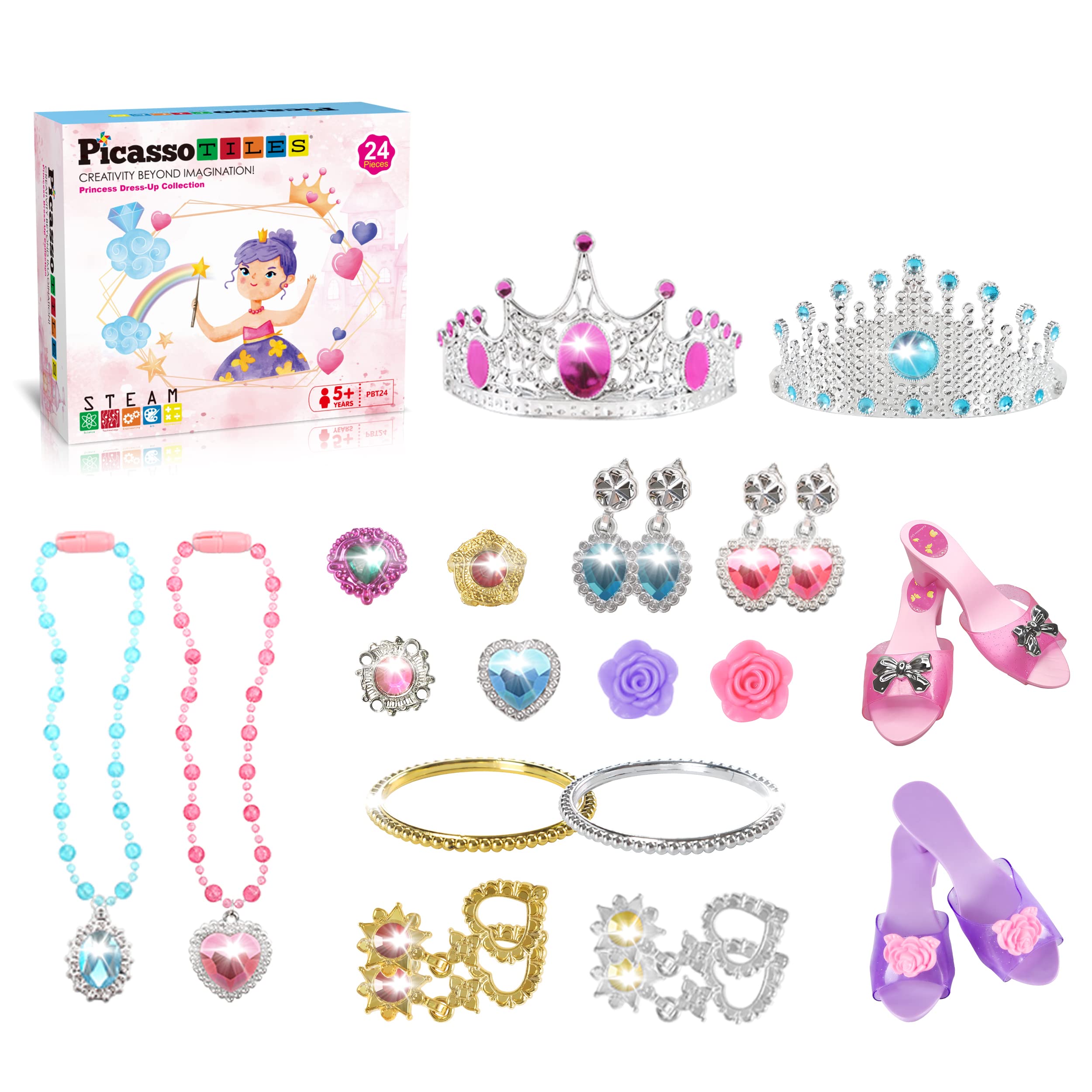 PicassoTiles Princess Dress Up & Art Easel Set - 24pc Fairy Tale Pretend Play Kit with Tiara, Jewelry, Shoes & Fashion Accessories - Dual-Sided Chalkboard & Whiteboard for Creative Play - Perfect for Kids' Dress Up Parties & Art Activities