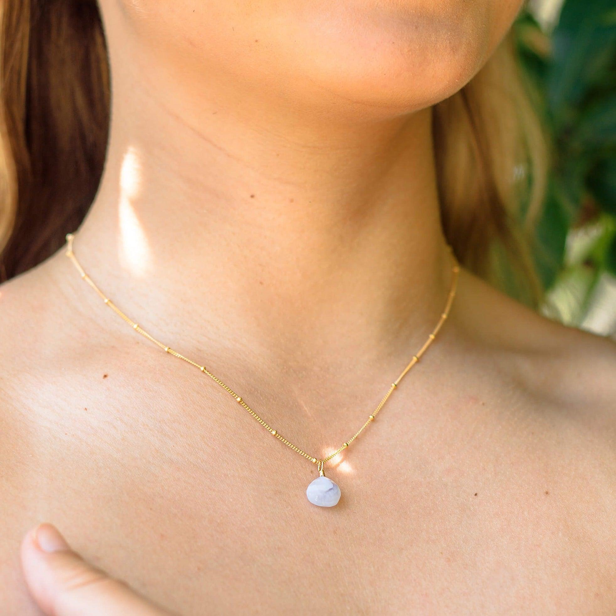 Tiny Blue Lace Agate Teardrop Crystal Pendant Necklace - Elegant Healing Stone Jewelry for Women, Perfect for Meditation, Yoga & Spiritual Gifts