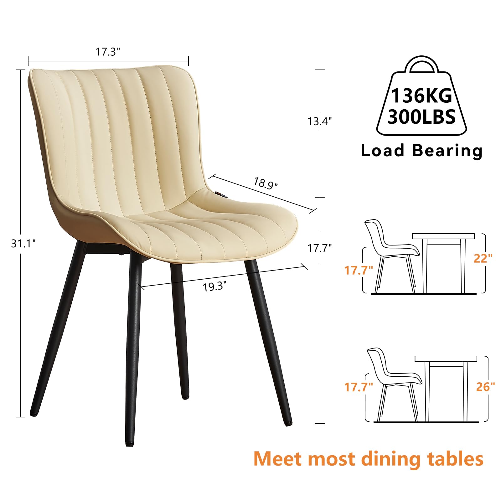 YOUNUOKE Beige Dining Chairs Set of 2 - Mid Century Modern Upholstered Kitchen Chairs with Faux Leather & Metal Legs - Armless Side Chairs for Dining Room, Living Room & Kitchen Decor