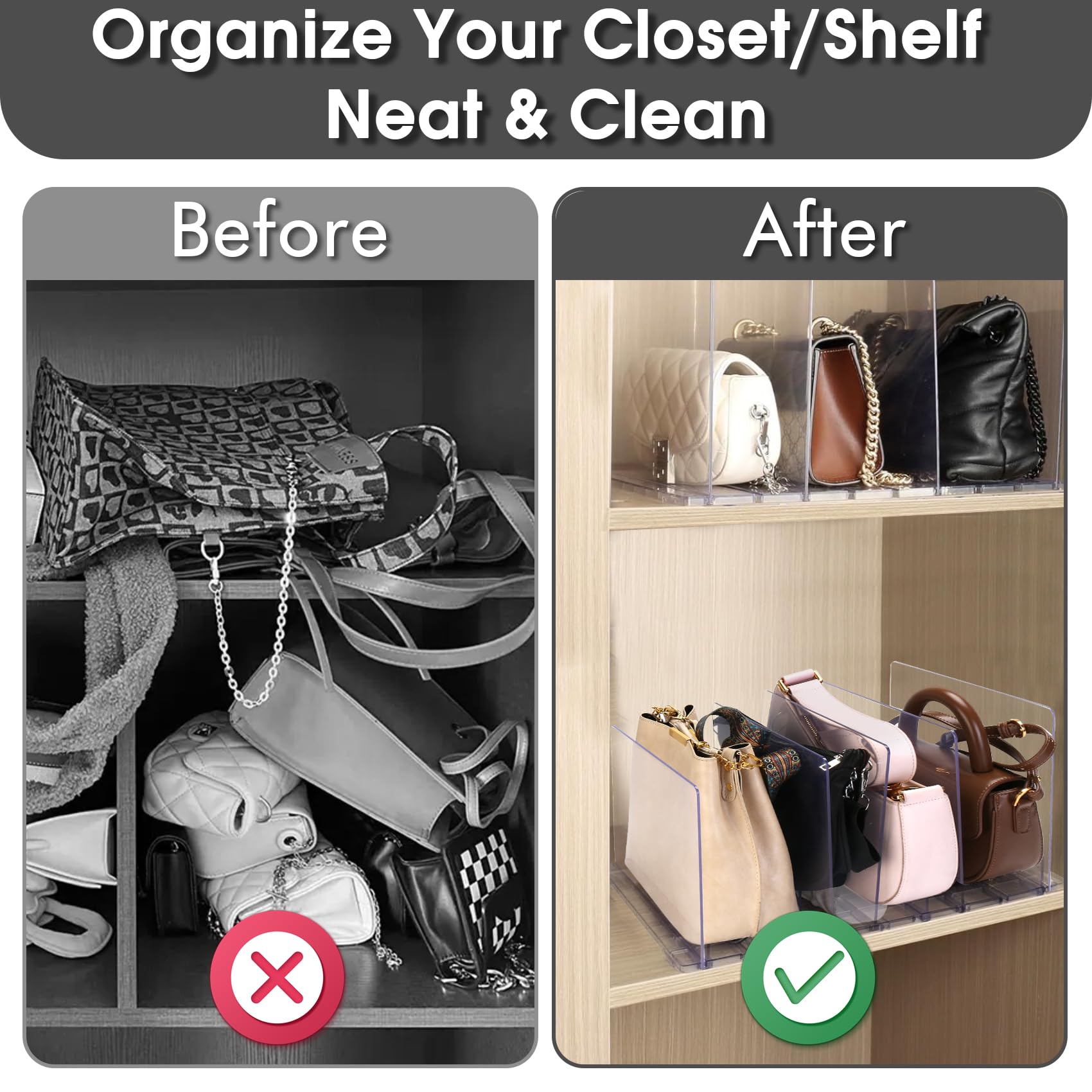 Clear Acrylic Purse Organizer for Closet - Adjustable Shelf Divider & Detachable Handbag Separators for Bedroom, Bathroom, Office Storage | Perfect for Closet Organization & Handbag Display