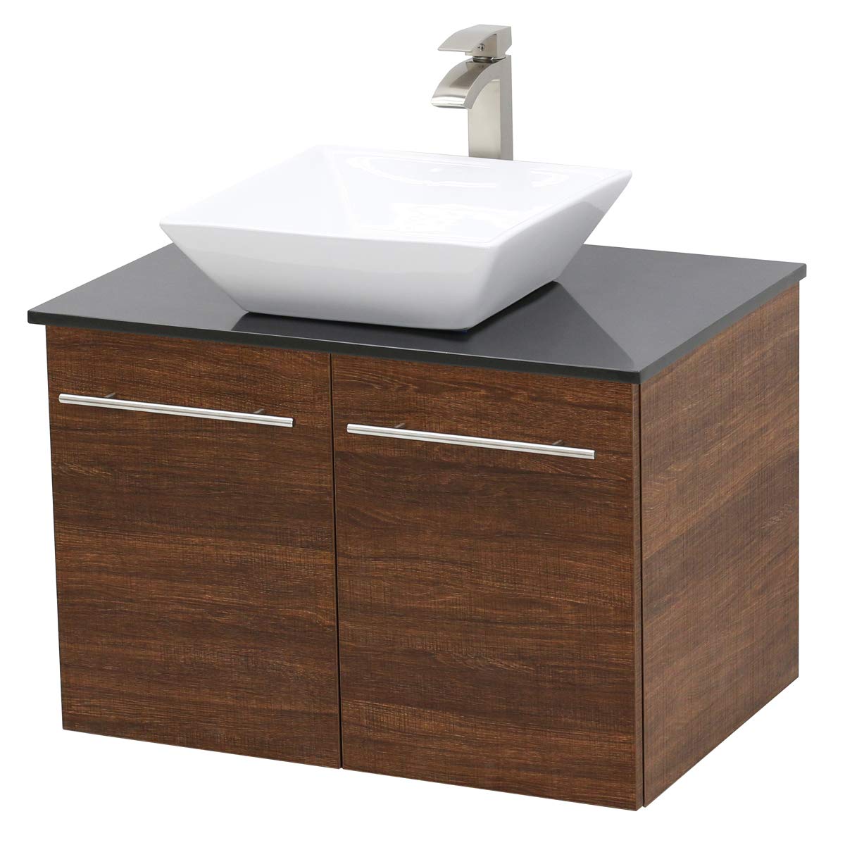 Rustic Brown Floating Vanity with Black Stone Top & Sink - 36