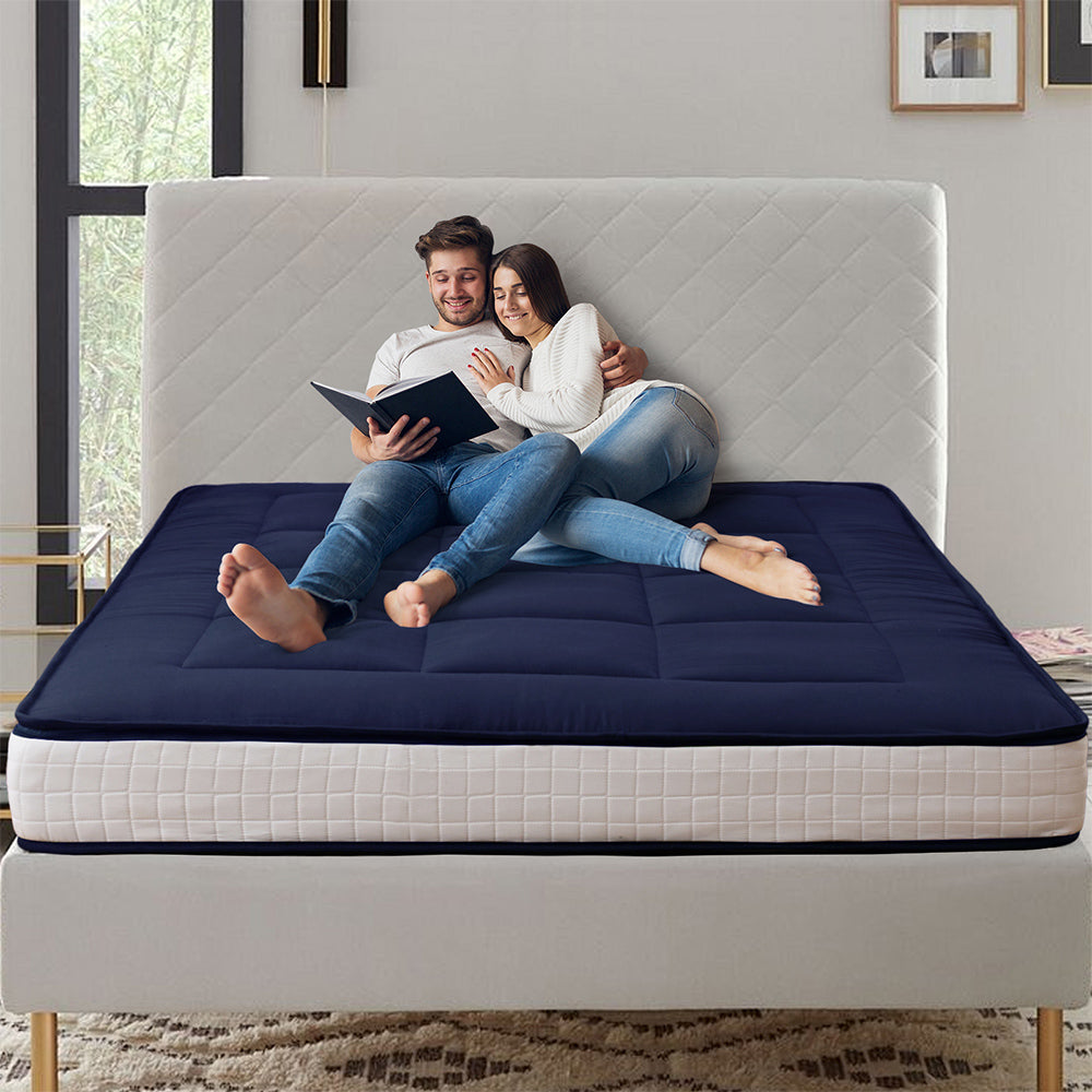 MAXYOYO Japanese Floor Futon Mattress - Thick Padded & Portable Navy Blue Floor Bed for Guest Room, Dorm, Camping & Travel