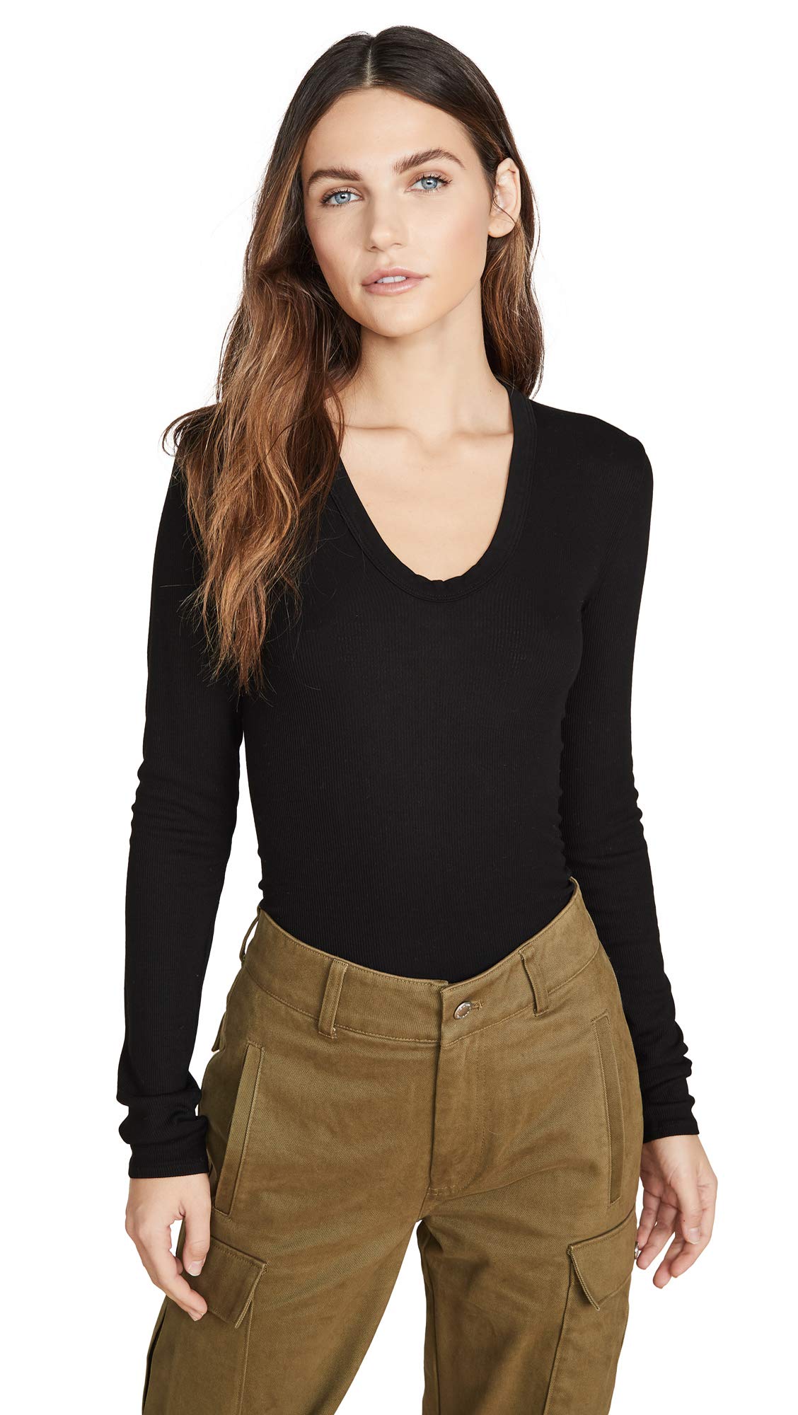 Enza Costa Women's Stretch Silk Rib Fitted Long Sleeve U-Neck Top | Soft & Comfortable Blouse for Work, Date Night & Casual Outfits