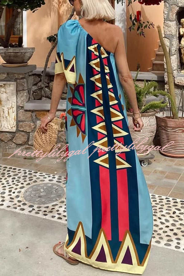Stylish Color Boost Unique Print One Shoulder Bell Sleeve Pocketed Maxi Dress for Women - Perfect for Summer Beach Vacations, Parties & Date Nights