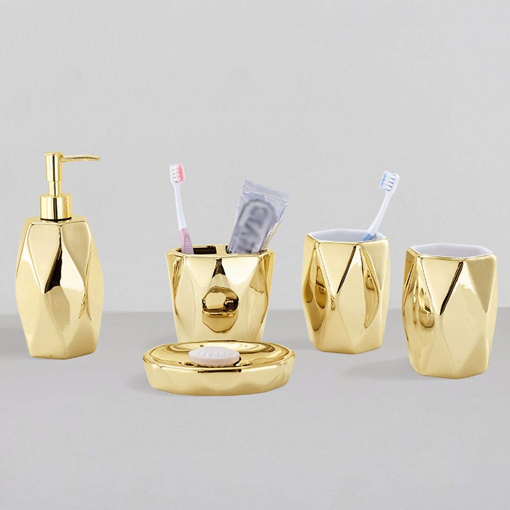 Luxury Gold Ceramic Bathroom Accessory Set - 5 Piece Hand Sanitizer Dispenser, Soap Bottle, Toothbrush Holder, Mouthwash Cup & Soap Dish | Elegant Bathroom Decor for Home, Hotel & Spa