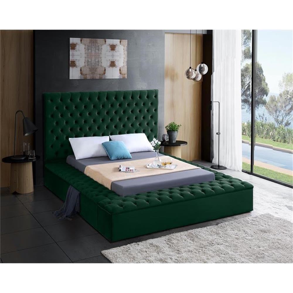 MAKLAINE Contemporary Solid Wood Tufted Velvet King Size Bed Frame in Emerald Green - Luxurious Bedroom Furniture for Modern Master Bedroom Decor