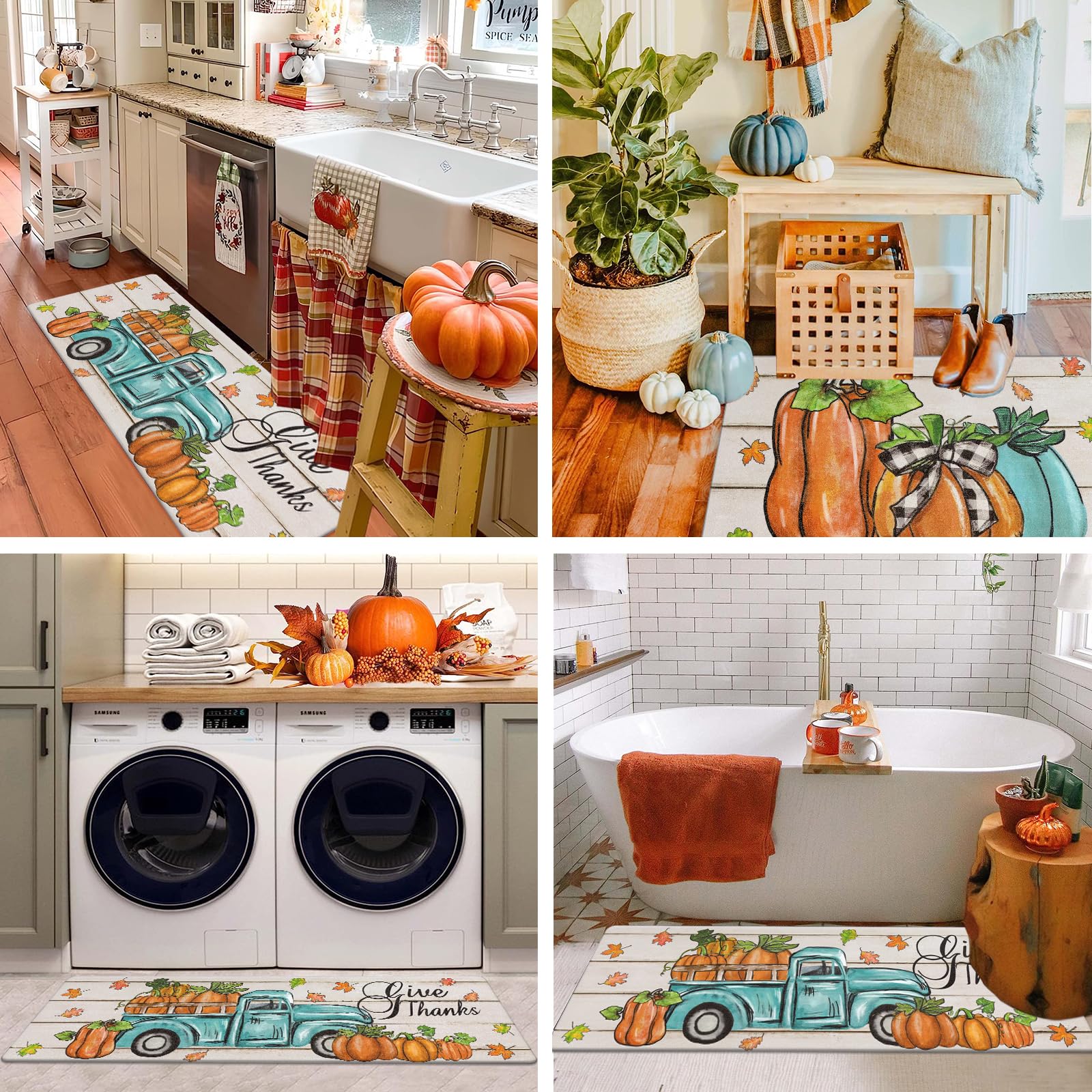 Pauwer Fall Kitchen Rugs Set of 2 - Non-Slip Anti-Fatigue Cushioned Floor Mats with Pumpkin Truck Design, Farmhouse Style Kitchen Runner Rug for Fall Harvest & Thanksgiving Decor - Perfect for Cozy Farmhouse Kitchens, Entryways, and Seasonal Home Decor