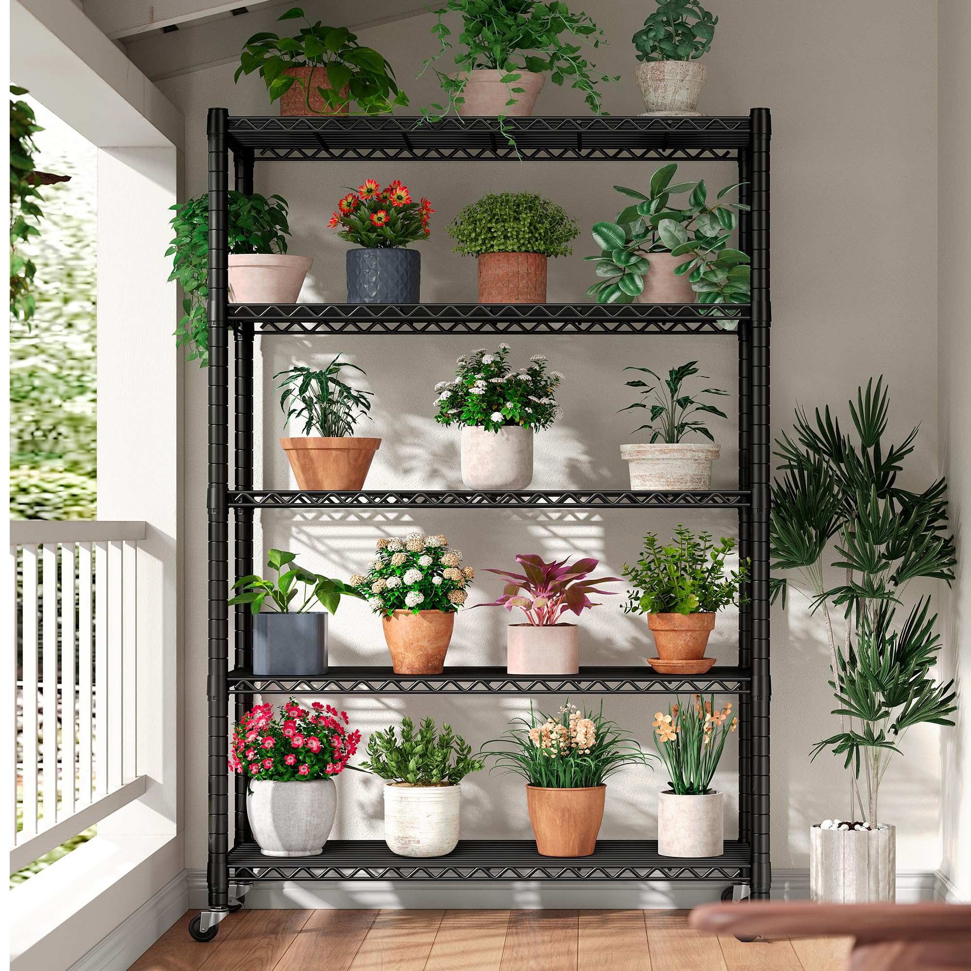REIBII 5-Tier Heavy Duty Metal Storage Shelves with Wheels - 75.6