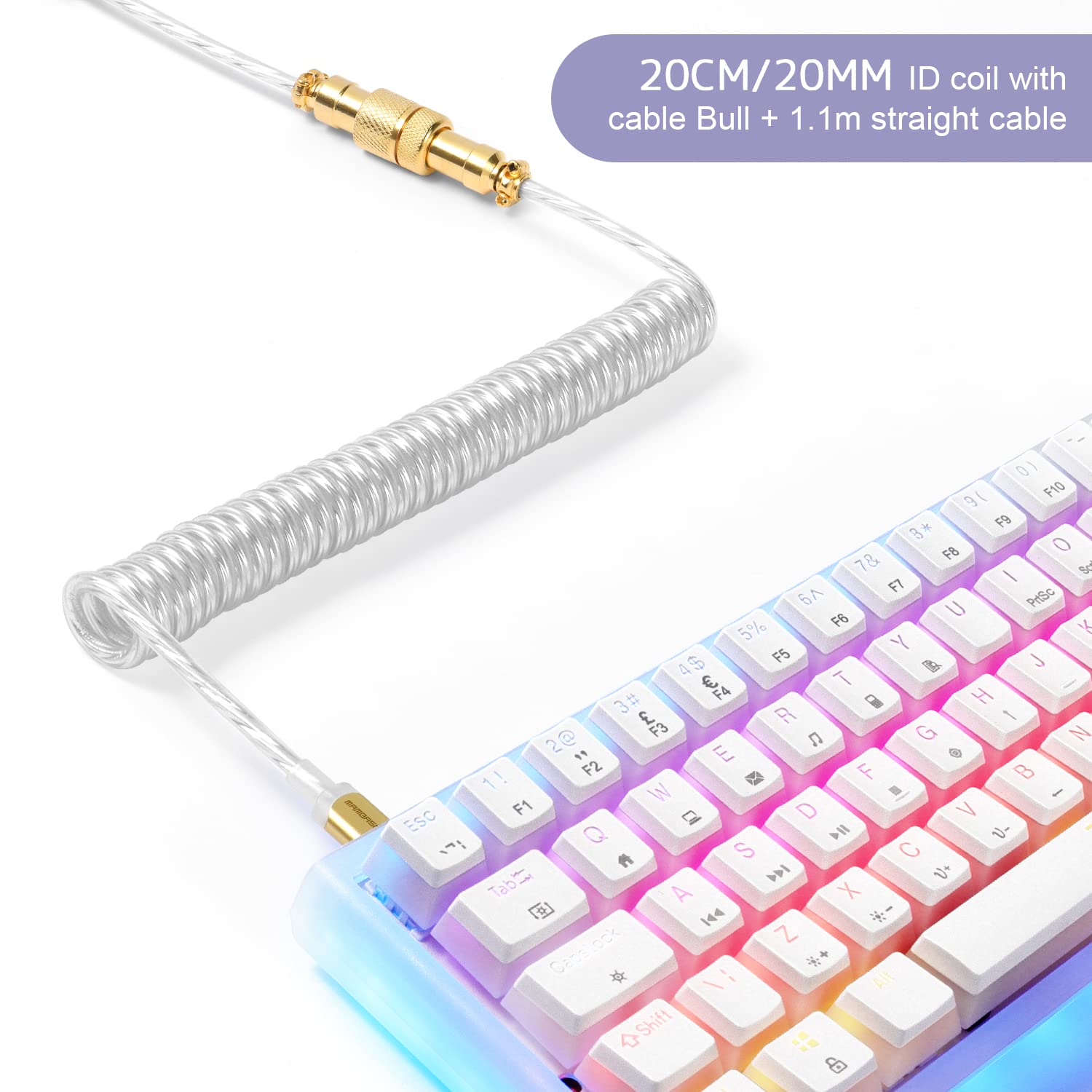XINMENG C02 Coiled USB-C Keyboard Cable - Detachable Aviator Connector for Gaming Keyboard & Laptop - Clear