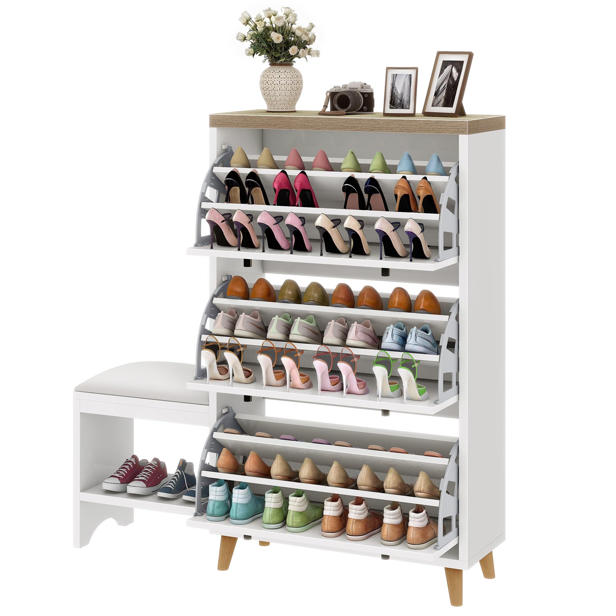 Modern White Shoe Cabinet with Bench - Narrow Hidden Shoe Organizer with 3 Flip Drawers for Entryway, Hallway, Closet & Living Room | Space-Saving Shoe Storage Solution for Small Spaces & Home Organization
