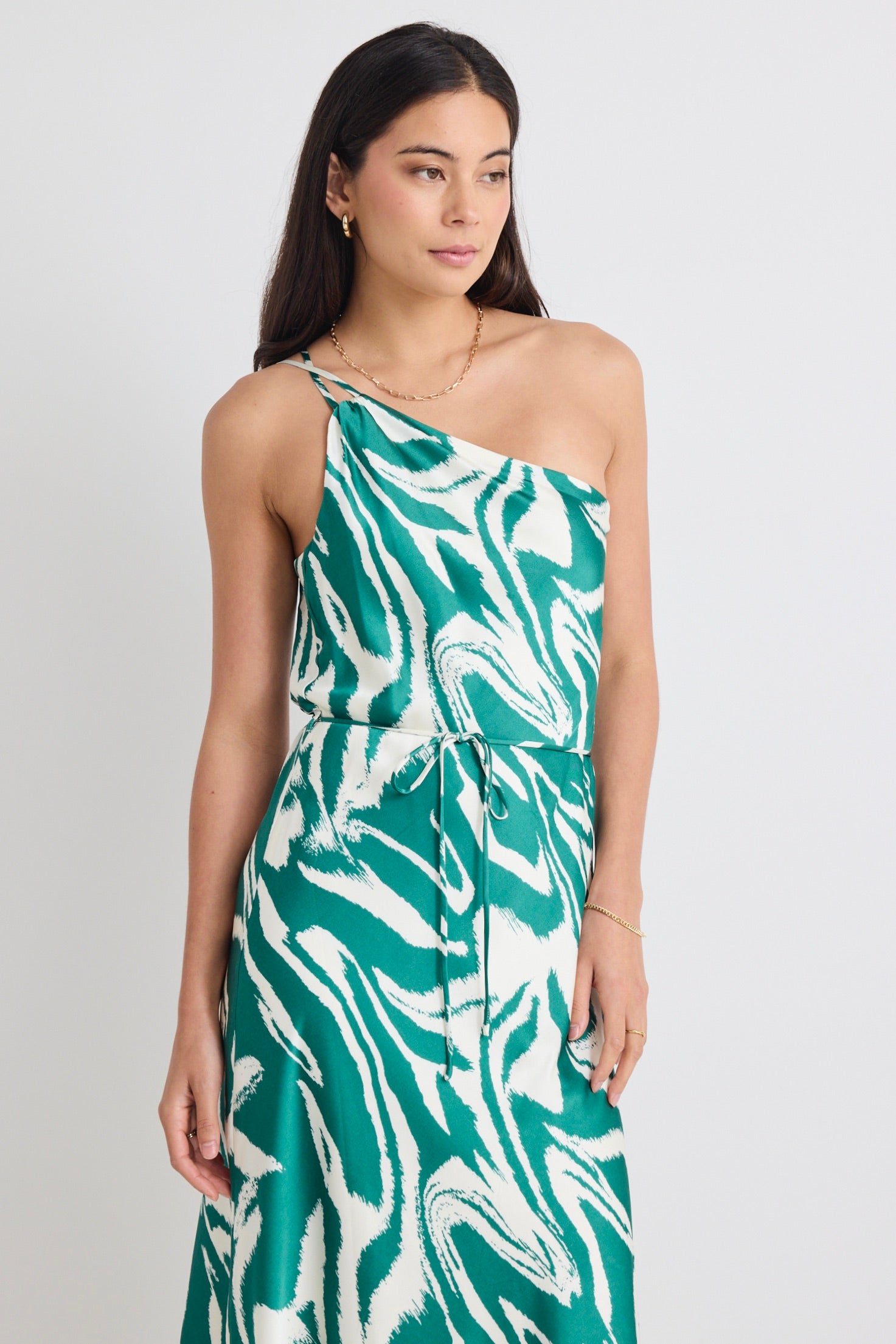 Fame Green Zebra Satin One Shoulder Bias Slip Dress - Elegant Evening Gown for Cocktail Parties & Date Nights