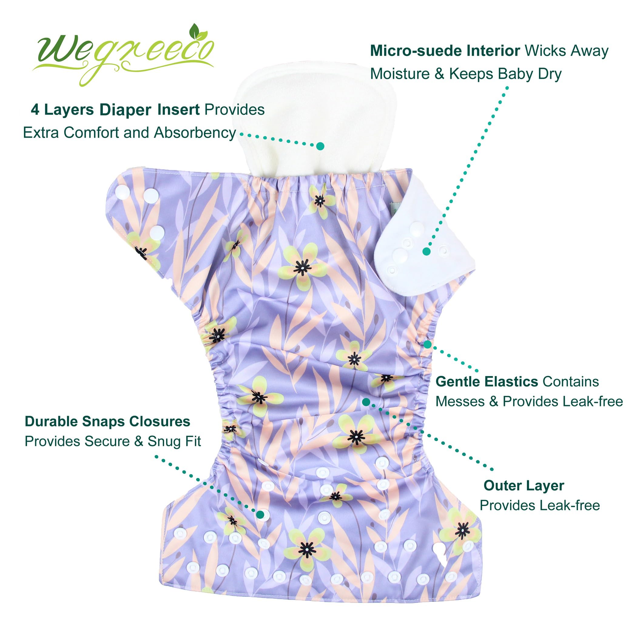 Wegreeco 6-Pack Reusable Cloth Diapers for Babies with 6 Inserts & 1 Wet Bag - Adjustable One Size Washable Eco-Friendly Diapers (Leaves, Animals Print) - Perfect for Daycare, Travel & Eco-Conscious Parenting