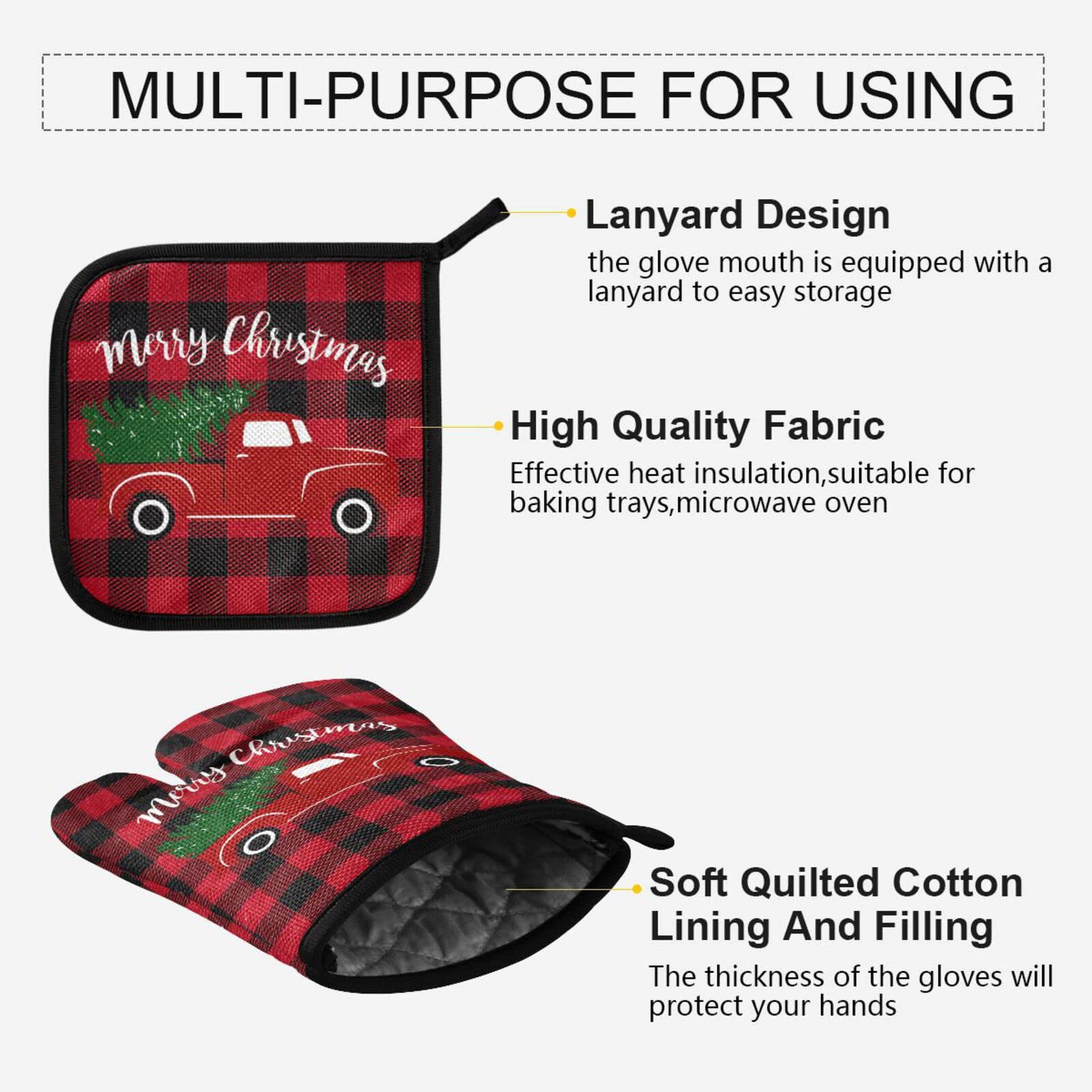 Festive Red Truck Buffalo Plaid Oven Mitts & Pot Holders Set - Heat Resistant, Non-Slip Christmas Kitchen Accessories for Cooking, Baking, BBQ - Perfect Holiday Gift & Cozy Winter Home Decor