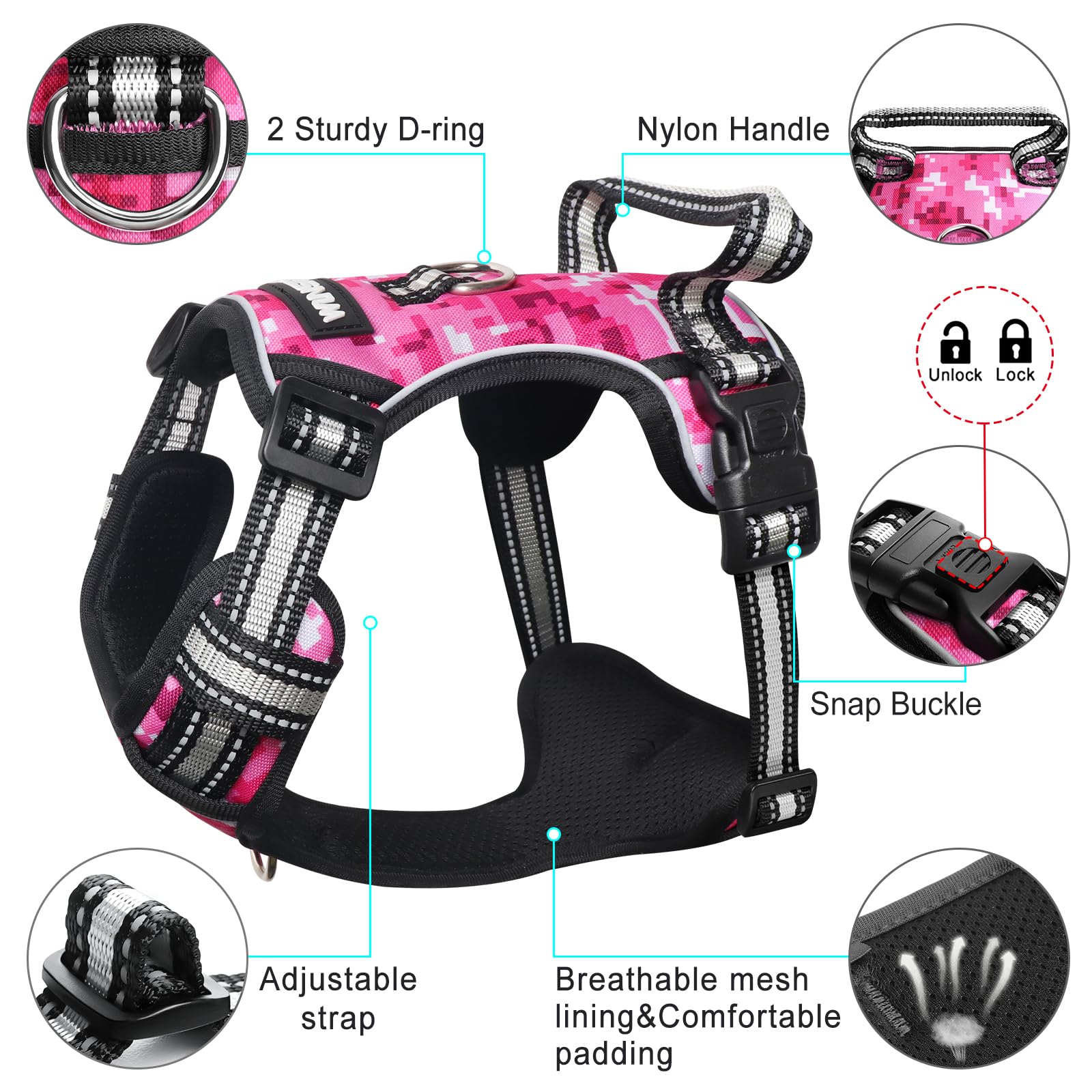 WINSEE No Pull Dog Harness with Adjustable Reflective Oxford Vest - Front & Back Leash Clips for Small Medium Large XL Dogs - Easy Control Handle for Walking, Running & Outdoor Adventures