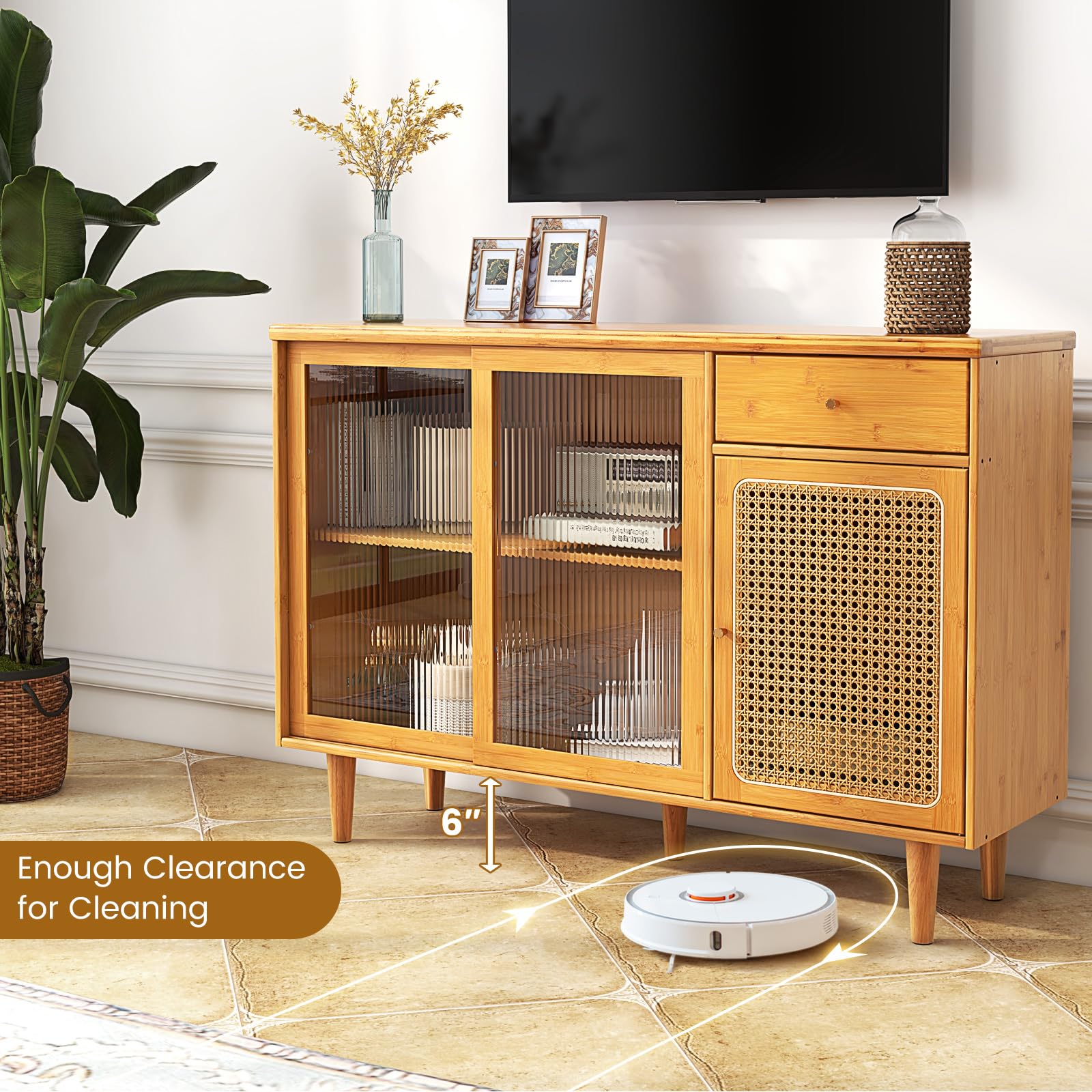 Giantex Bamboo Buffet Cabinet with Storage - Farmhouse Style Sideboard with Drawers & Rattan Glass Doors - Kitchen Cupboard, Entryway Console Table for Dining Room, Coffee Bar - Perfect for Home Decor, Entertaining & Storage Solutions