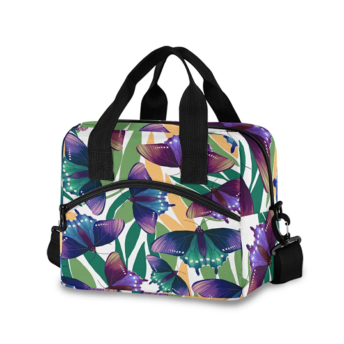 VKPSCHJ Insulated Lunch Box for Women & Men - Purple Butterfly & Leaf Green Design, Leakproof Reusable Tote Bag with Adjustable Strap for Office, School, Picnic & Travel