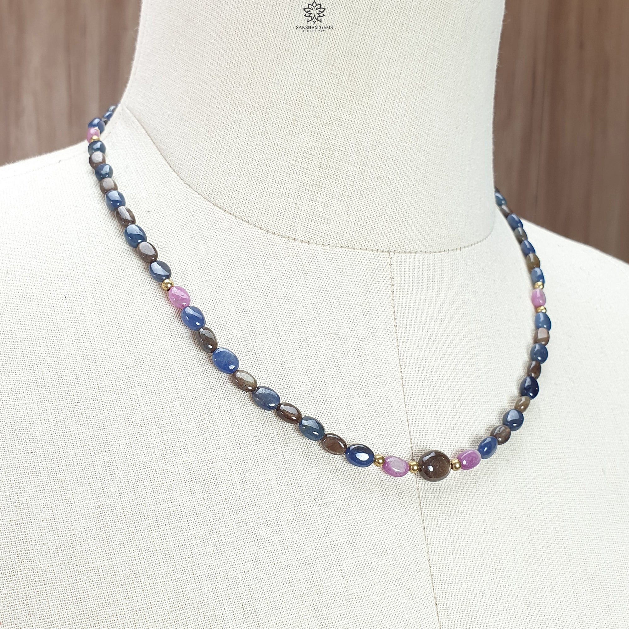 Natural Untreated Golden, Blue & Pink Sapphire Gemstone Beads Necklace - 18.84gms Plain Oval Brass Jewelry (6x5mm & 7x5mm) | Perfect for Weddings, Parties & Special Occasions
