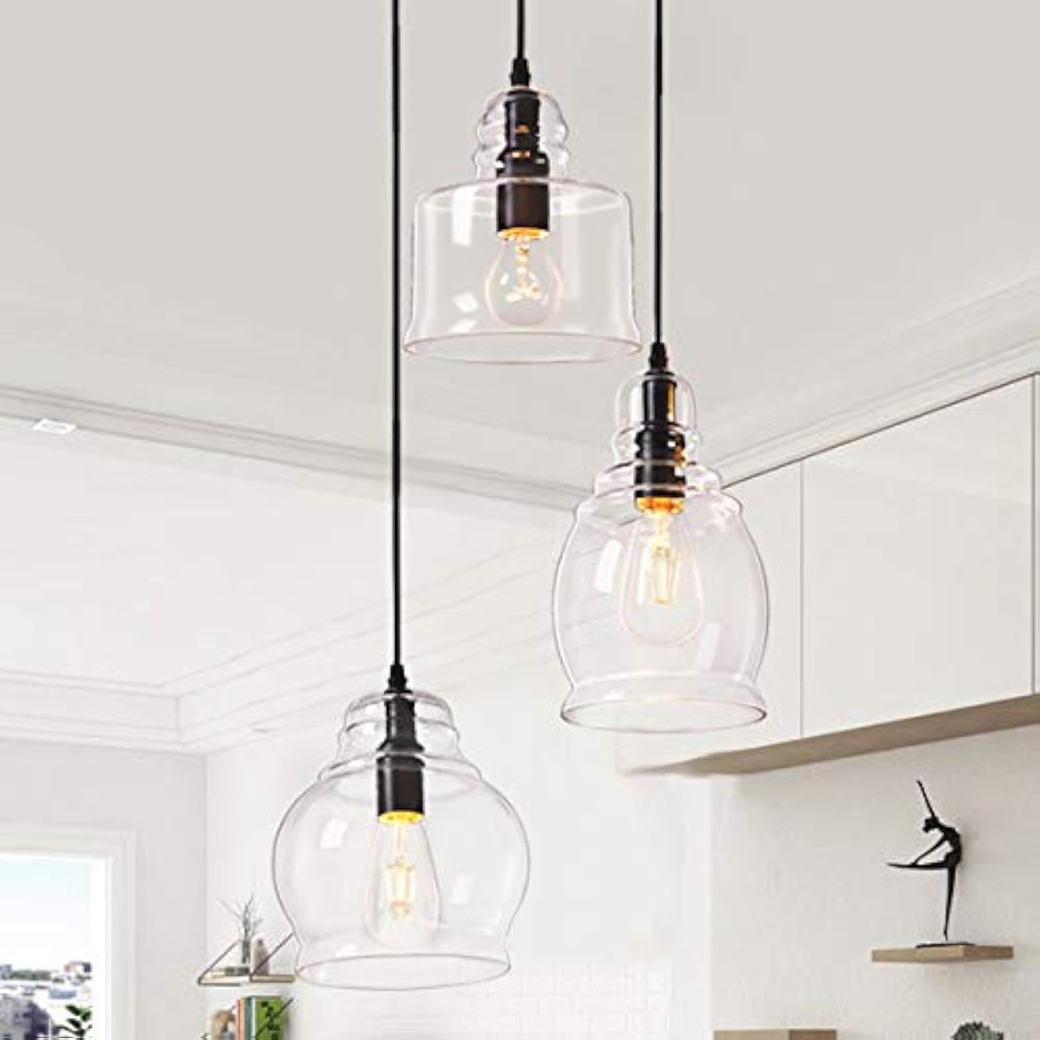 Modern Linear Glass Pendant Lights - 3-Light Kitchen Island Chandelier with Globe Shades, Dimmable Hanging Lighting for Dining Room, Foyer & Living Room | Farmhouse & Contemporary Home Decor