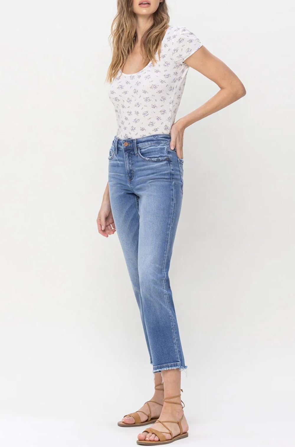 Flying Monkey Women's Mid Rise Crop Straight Jeans F5221 - Comfortable Stretch Denim Pants for Casual Wear & Everyday Outfits