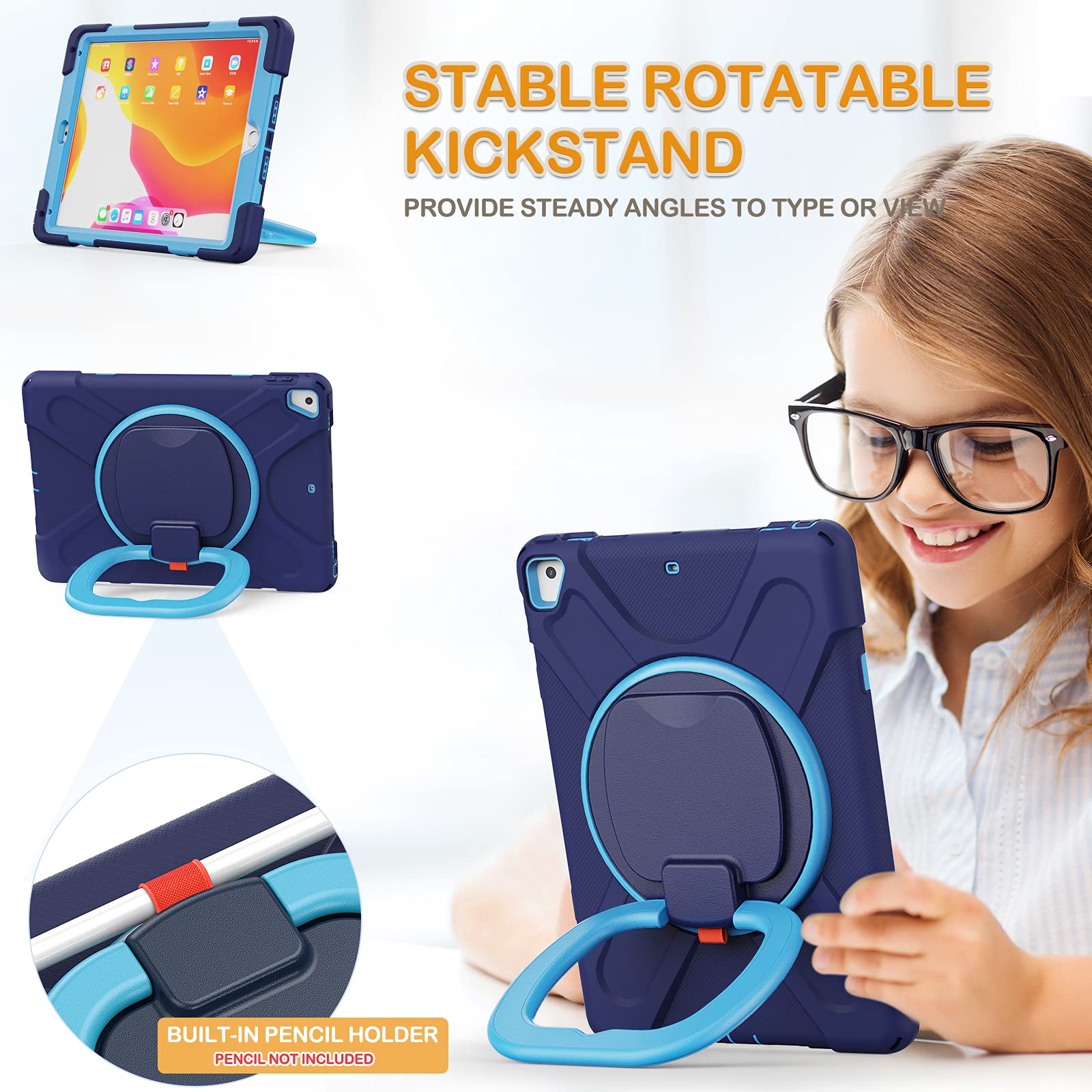 BRAECN Shockproof iPad Case for iPad 9.7 Inch (6th/5th Gen), iPad Pro 9.7, iPad Air 2 - Heavy Duty Protective Cover with Kickstand, Hand Grip, Pencil Holder & Shoulder Strap - Perfect for Kids, Students & Travel (Navy Blue)
