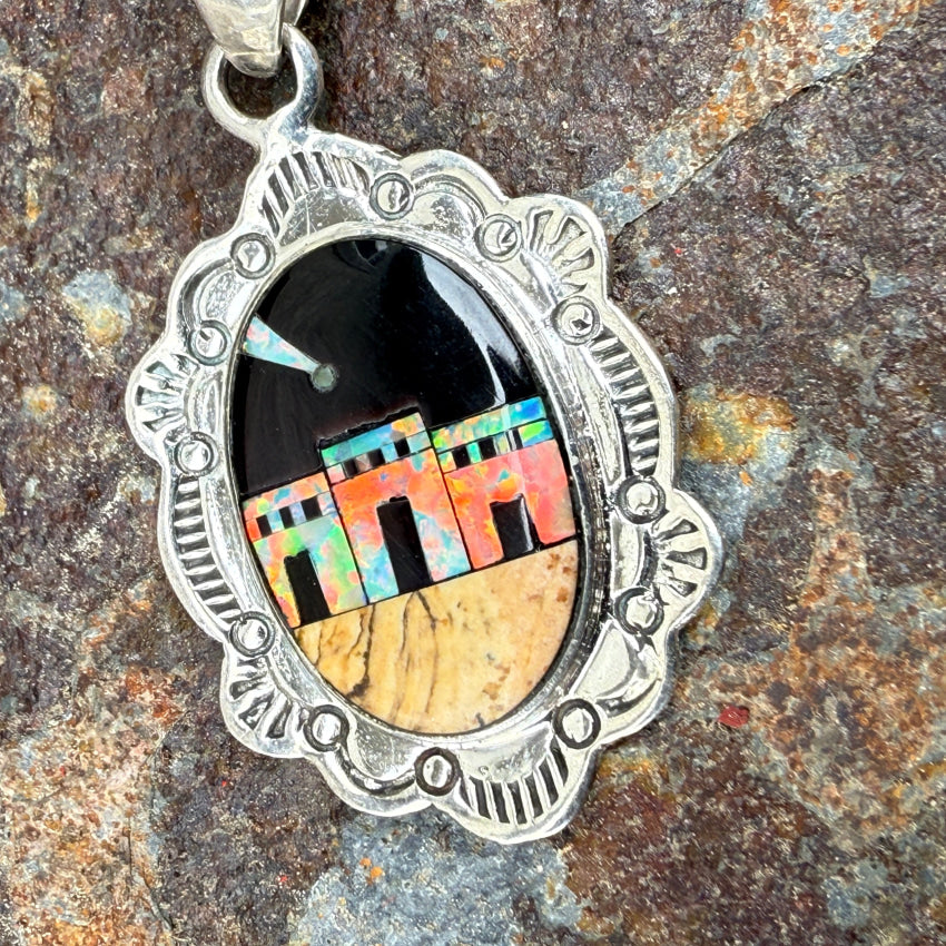 Handmade Sterling Silver Opal Jasper & Jet Inlay Pueblo Landscape Pendant Necklace - Southwest Style Jewelry for Women, Perfect for Boho Fashion & Gift Giving