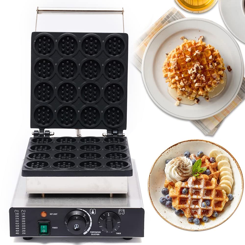 16-Piece Electric Mini Round Waffle Maker - 1750W Commercial Dutch Pancake Baker Machine with Nonstick Coating for Perfect Waffles - Ideal for Breakfast, Brunch, Cafes, and Home Baking