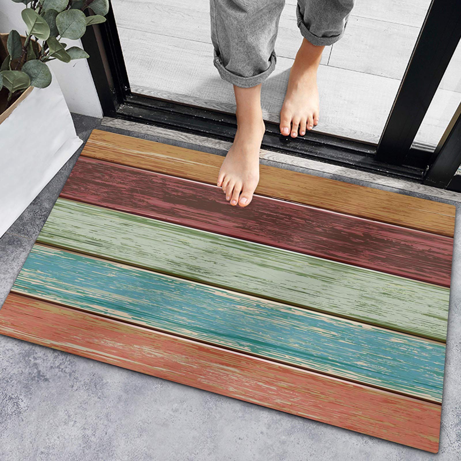 Non-Slip Absorbent Indoor Doormats with Rubber Backing - Farmhouse Gradient Color Wood Texture Entryway Rugs for Bathroom, Bedroom & Front Door | Perfect for High-Traffic Areas, Wet Floors & Home Decor