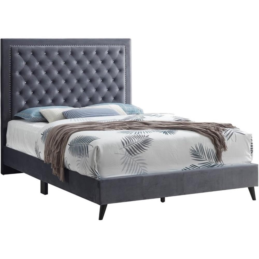 Glory Furniture Alba Velvet Upholstered Queen Size Bed Frame in Gray - Luxurious Modern Bedroom Furniture for Master Suite or Guest Room