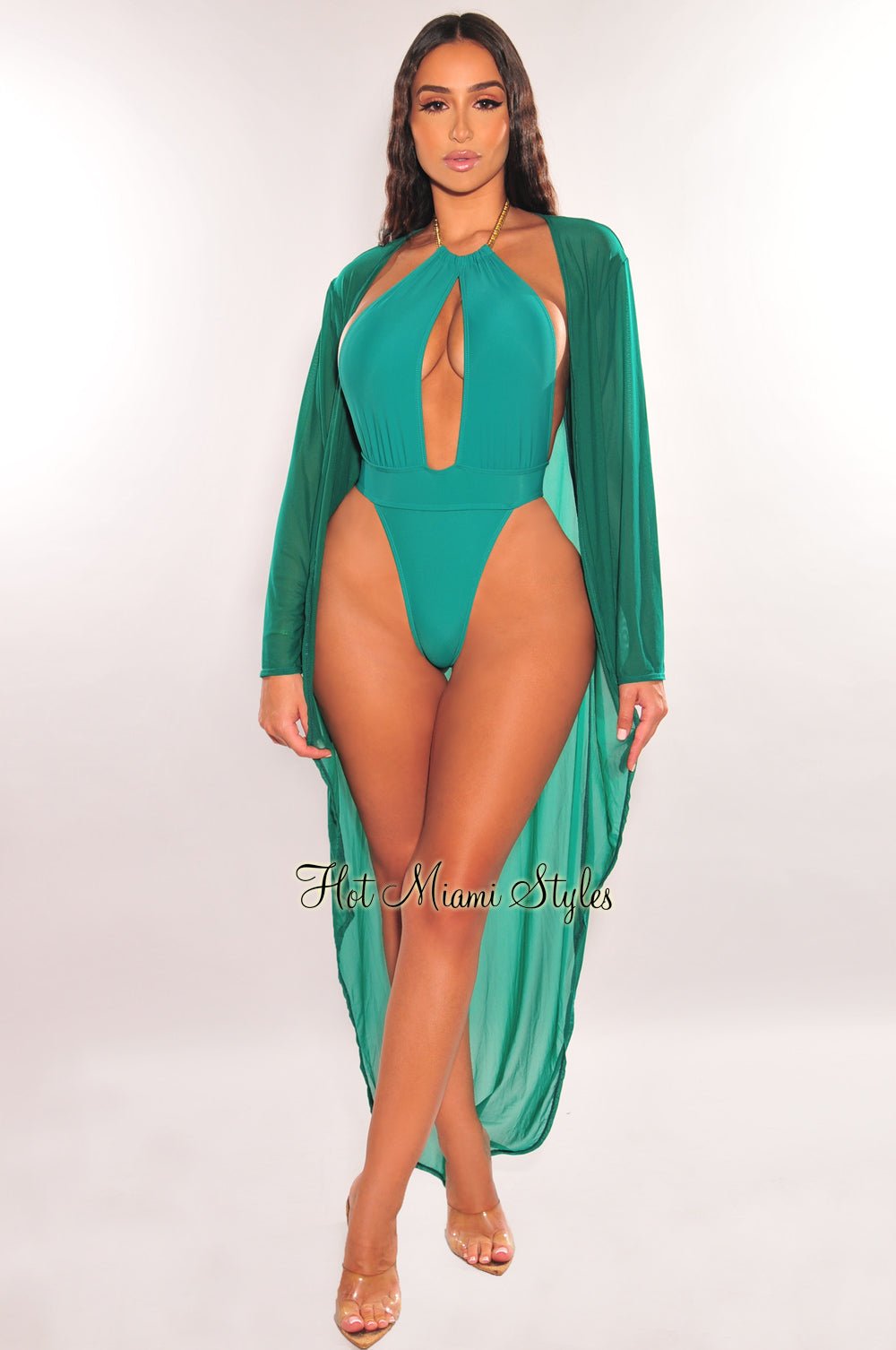 Emerald Green Mesh Long Sleeve High-Low Cut Beach Cover Up - Perfect for Poolside, Vacation & Summer Outfits
