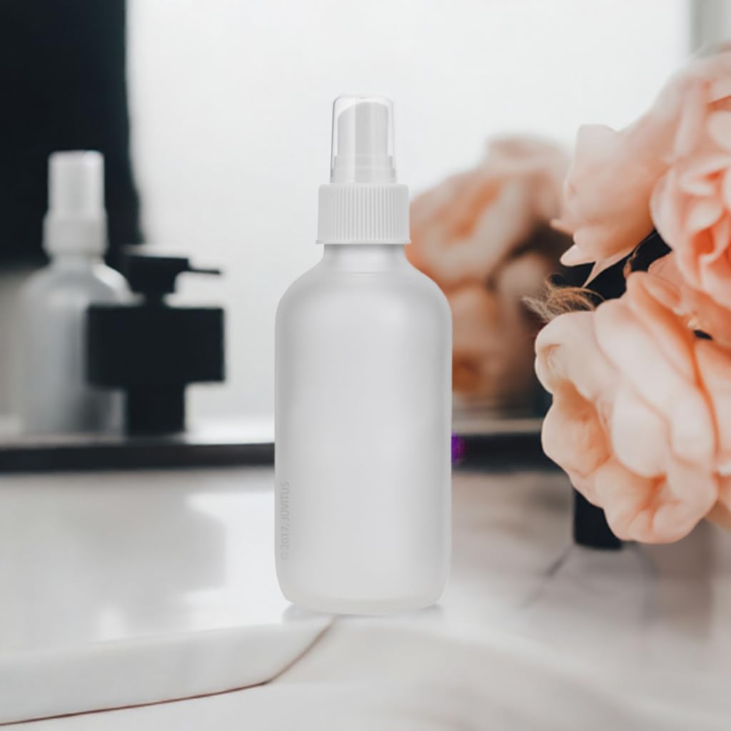 JUVITUS 4 oz Frosted Clear Glass Boston Round Bottle with White Fine Mist Sprayer (4 Pack) + Funnel - Perfect for Essential Oils, DIY Beauty Products & Travel Toiletries
