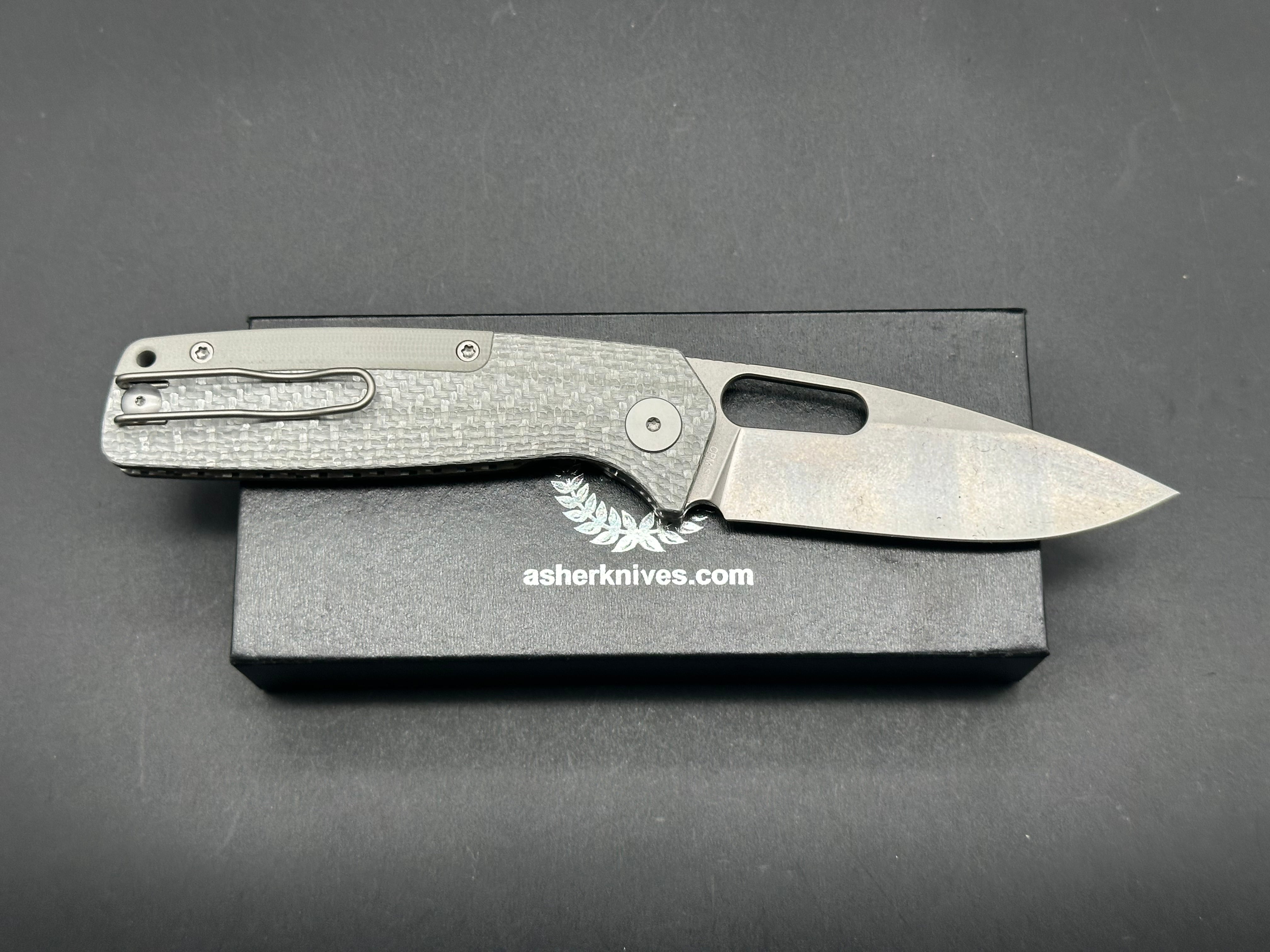 Premium Asher Spiro S90V Stonewash Blade Folding Knife with Silver Twill Carbon Fiber Handle - EDC, Outdoor Camping, Hunting & Survival Gear