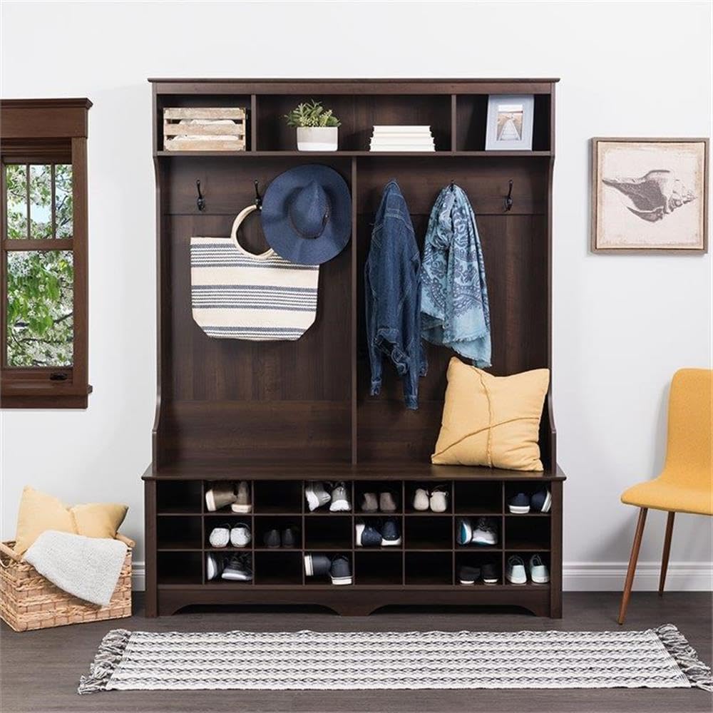 Prepac Brown Hall Tree Entryway Storage Cabinet - 24 Shoe Cubbies & 6 Double Coat Hooks - 15.5