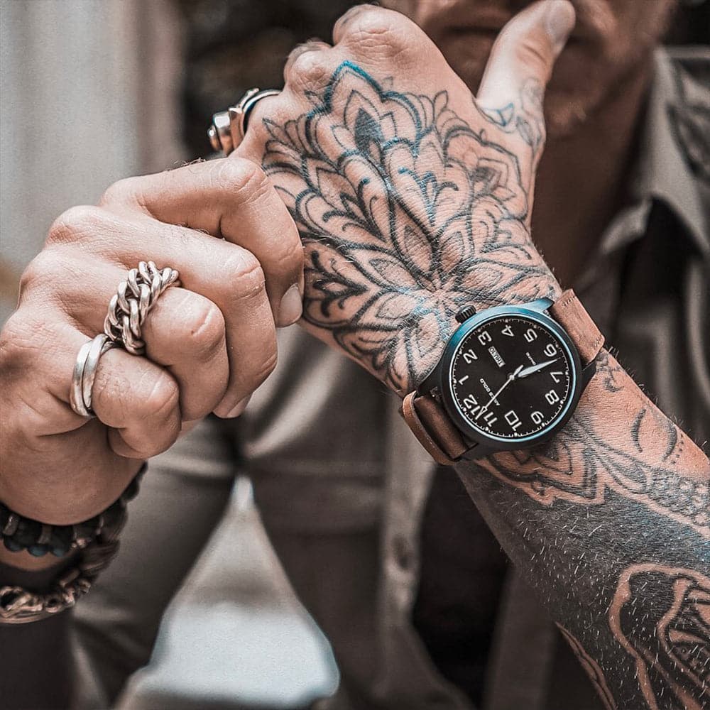 ARIES GOLD Automatic Men's Watch - Black Stainless Steel Case with Brown Leather Strap (Model G 9017 BK BK) - Luxury Dress Watch for Business, Formal Events & Everyday Wear