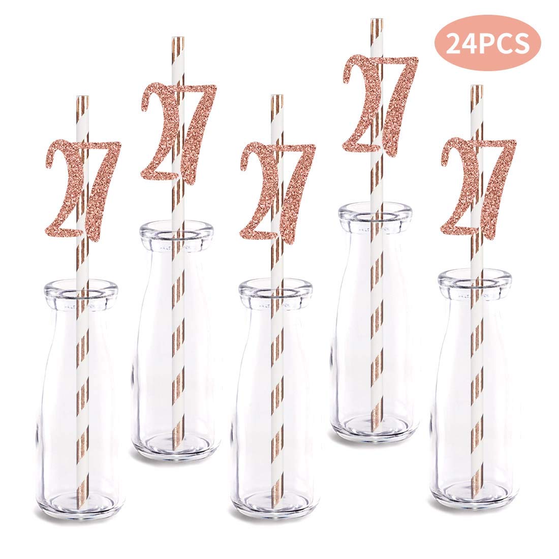 Rose Gold Glitter 27th Birthday Straw Decorations - 24pcs Cut-Out Number 27 Party Drinking Straws for Birthday Celebrations, Anniversaries & Special Events
