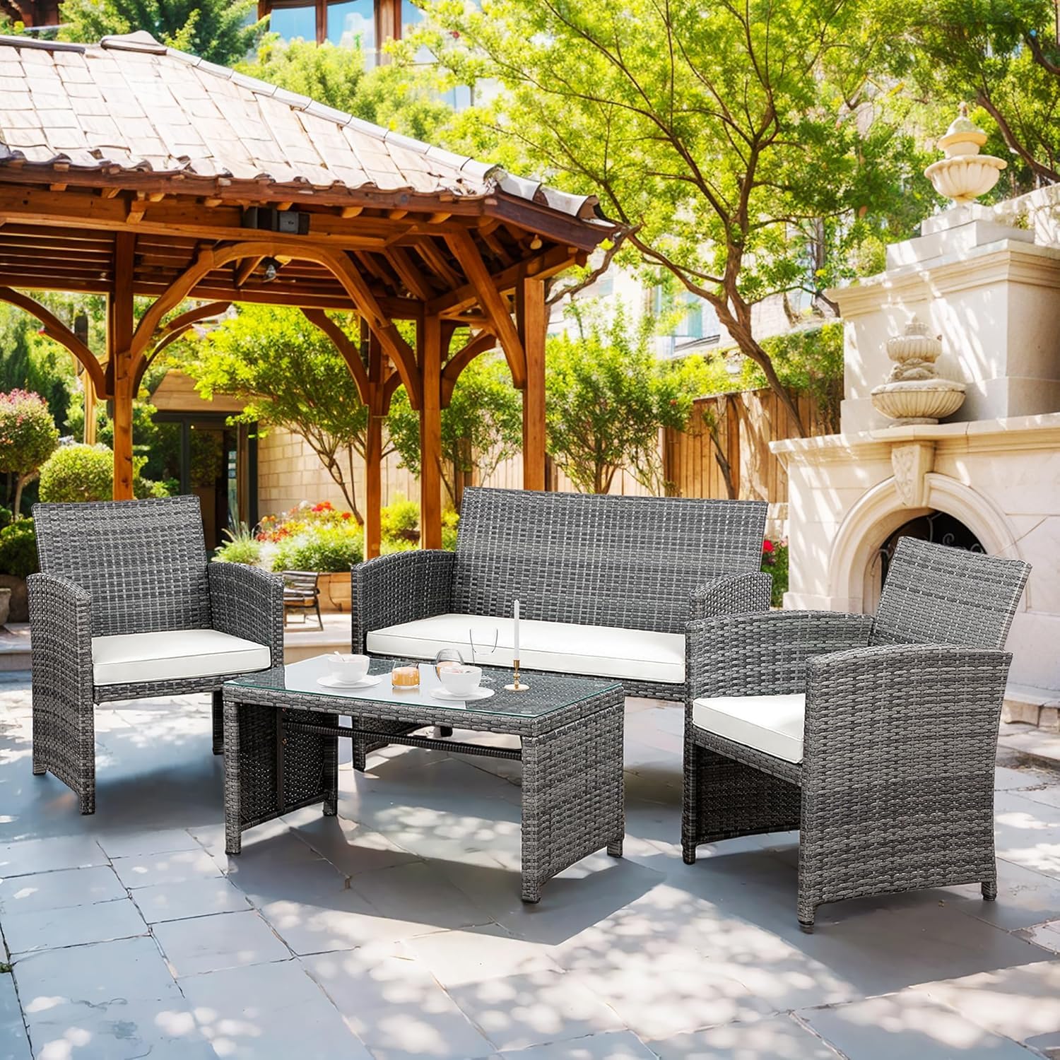 Shintenchi 4-Piece Gray Wicker Outdoor Patio Furniture Set with Weather-Resistant Cushions & Tempered Glass Tabletop - Rattan Conversation Set for Garden, Poolside or Backyard Relaxation