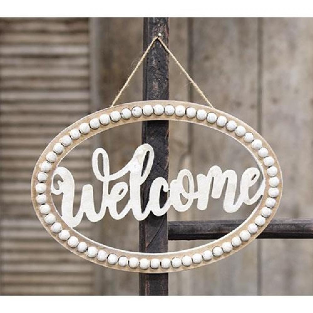 Distressed Beaded Wall Sign 'Welcome' - Rustic Farmhouse Home Decor for Entryway, Living Room & Front Door - Perfect for Housewarming Gifts & Country Style Interior Design